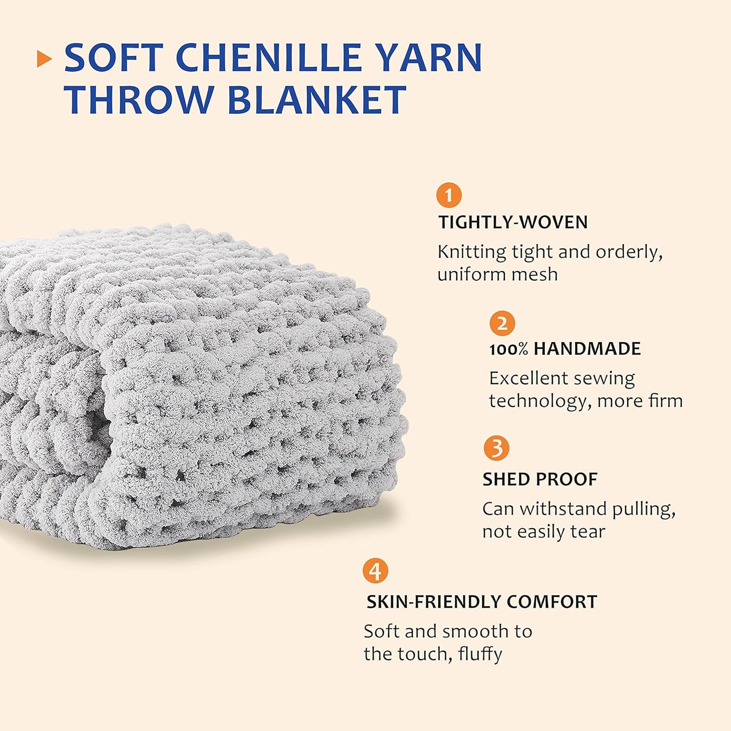 L'AGRATY Chunky Knit Blanket Throw: 80''x90'' Chenille Chunky Knitted Throw Blanket for Bed Couch - Handmade Thick Big Cable Knit Blanket - Large Chunky Crochet Rope Blanket for Home Decor(Grey)