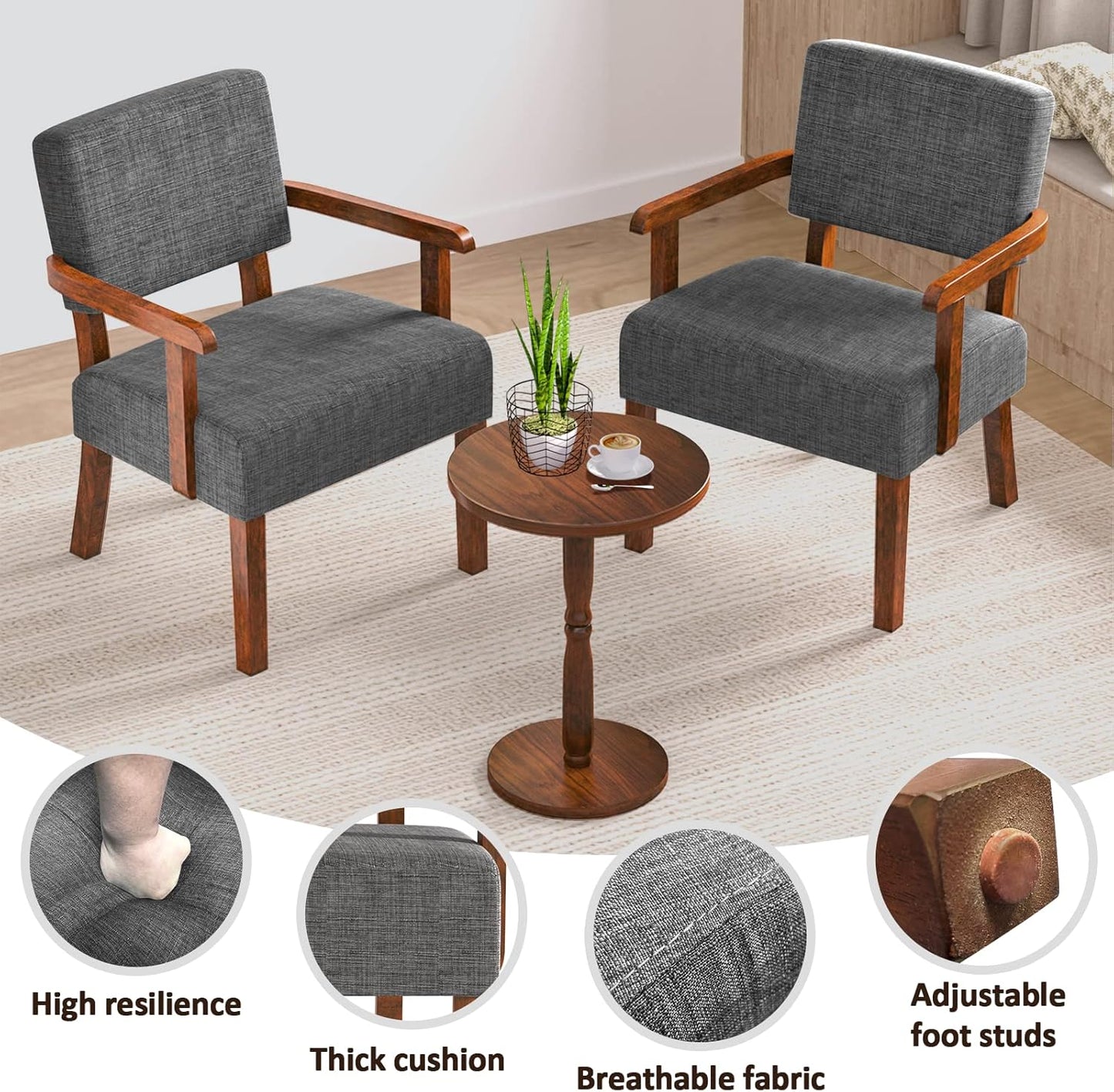 Accent Chair Set of 2 with Table, Living Room Chairs with Soft Seat and Armrests for Living Room Bedroom Reading Room Waiting Room, Grey (AC01)