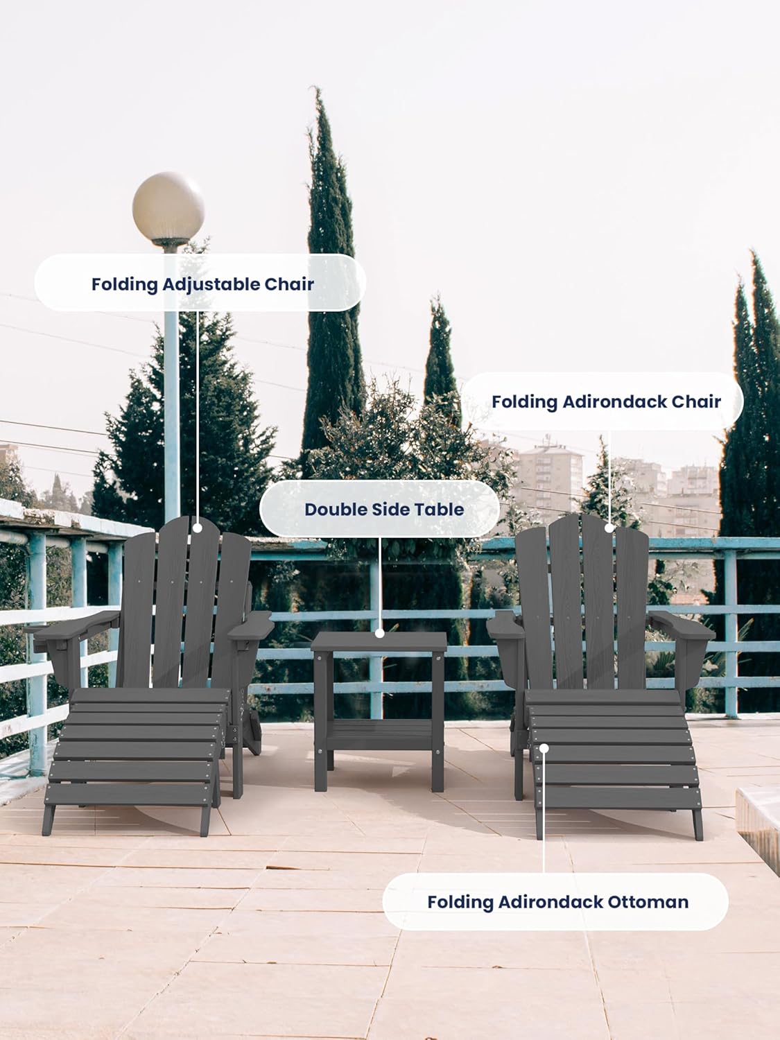 KINGYES Folding Adirondack Ottomans Set of 4 for Adirondack Chair, Grey