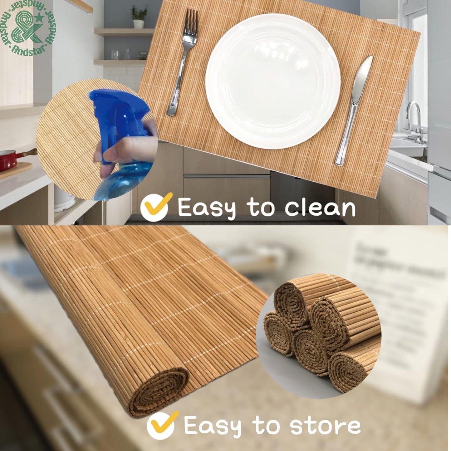 ANDSTAR Set of 16 Pcs Bamboo Placemats Sushi Rolling Mat Japanese Style Natural Anti-Slip Bamboo Placemats Washable Heat-Resistant Table Mats for Dining Room and Kitchen