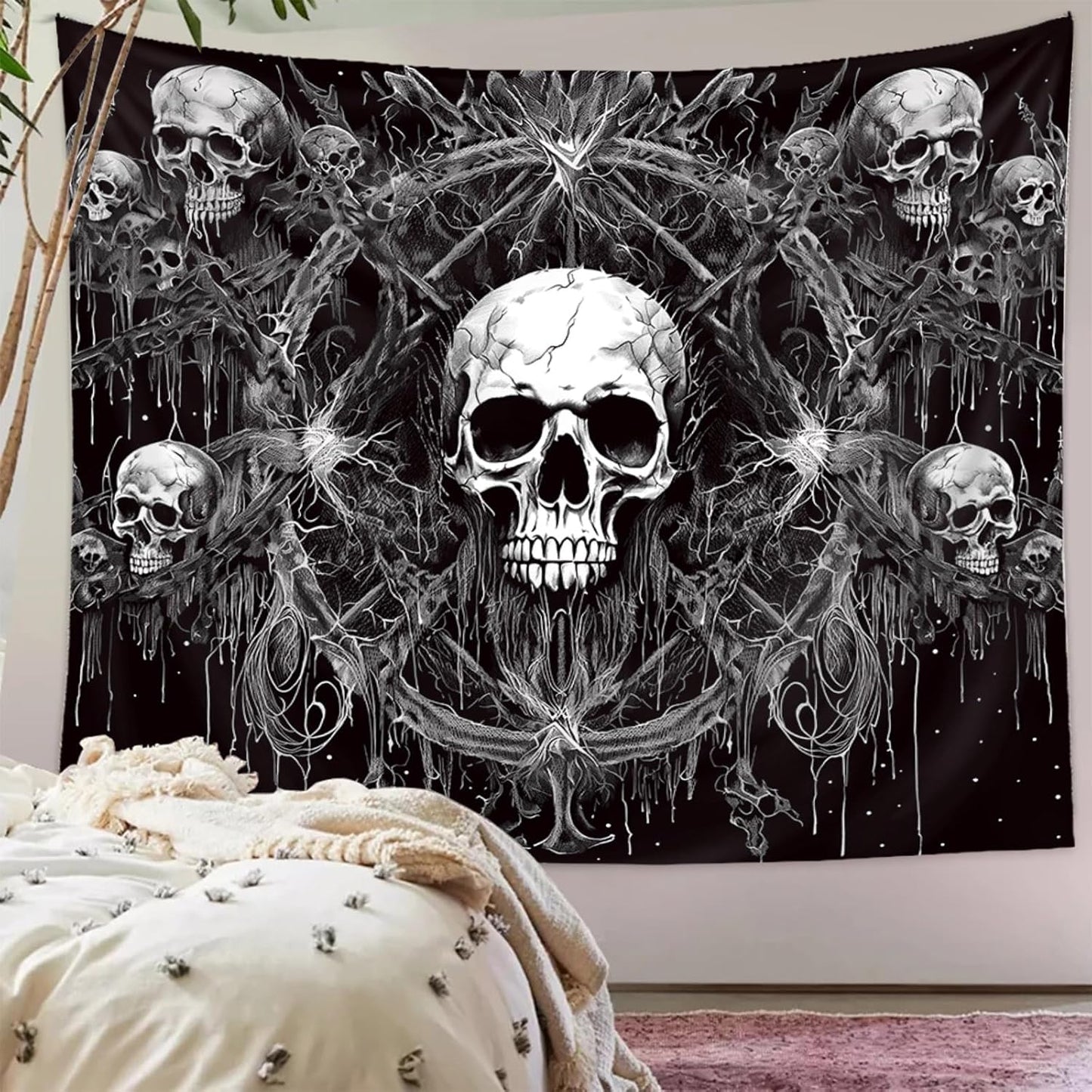 Tapzen Gothic Skull Tapestry - Black and White Wall Hanging, Dark Skeleton Horror Design, Aesthetic Cool for Bedroom, Living Room, Dorm (90 x 60 inches)