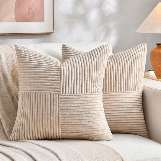 Fancy Homi 2 Packs Tan Samll Decorative Throw Pillow Covers 12x12 Inch with for Couch Bed Sofa, Rustic Farmhouse Boho Home Decor, Soft Corss Patchwork Corduroy Square Beige Cushion Case 30x30 cm