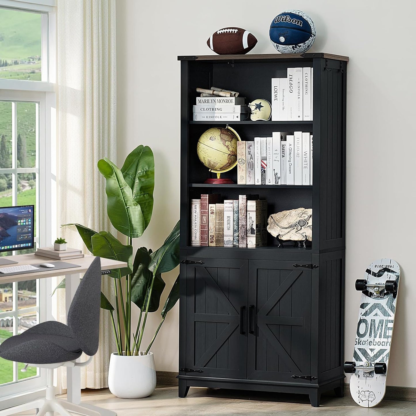 70in Tall Bookshelf 5 Tier Bookcase with Barn Doors and Adjustable Shelves, Black Farmhouse Book Shelf with Storage Cabinet, Wood Freestanding Display Bookshelves for Bedroom, Kitchen (3PCS)