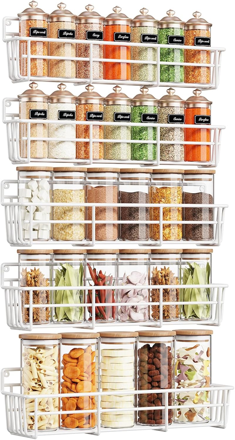 5 Pack Spice Rack Seasoning Organizer Wall Mount, Screw or Adhesive Hanging Shelf Basket Spice Organizer Shelf for Kitchen, White