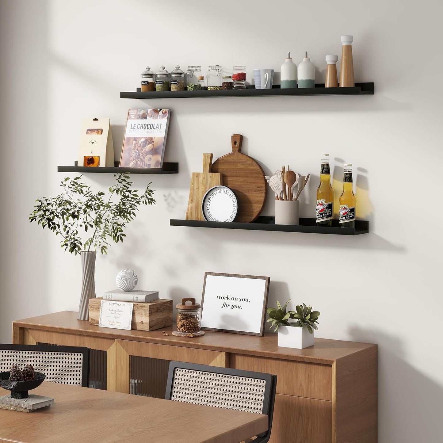 Picture Ledge Wall Shelves 48 inches Width Set of 3, Solid Pine Wood Rustic Floating Ledge Shelves for Wall for Kids' Room Bedroom Kitchen Bathroom Long Floating Shelves for Wall Decor, Black