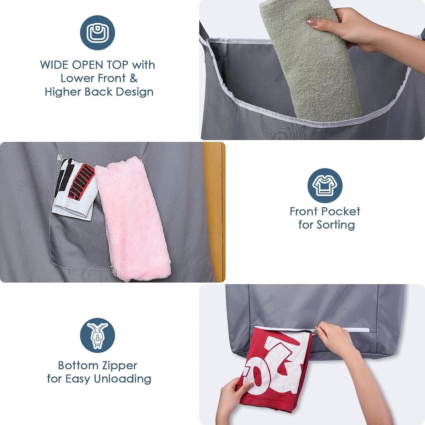 The Fine Living Co. X-Large Hanging Laundry Hamper with Over Door Hooks & Adhesive, Durable Space Saving Laundry Bag with Zipper and Wide Open Top,Hanging Dorm Laundry Hamper 20"x3.75"x31" (Gray-XL)