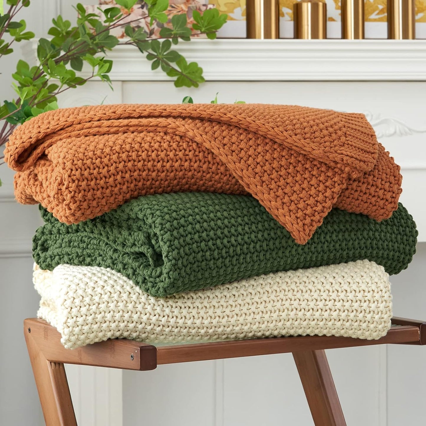 Longhui bedding Chunky Cable Knit Throw Blanket Lightweight Olive Green 100% Organic Cotton Blanket for Sofa Couch Bed Baby Nursery, Rustic Shabby Chic Modern Farmhouse, 60” x 80” Give Laundering Bag
