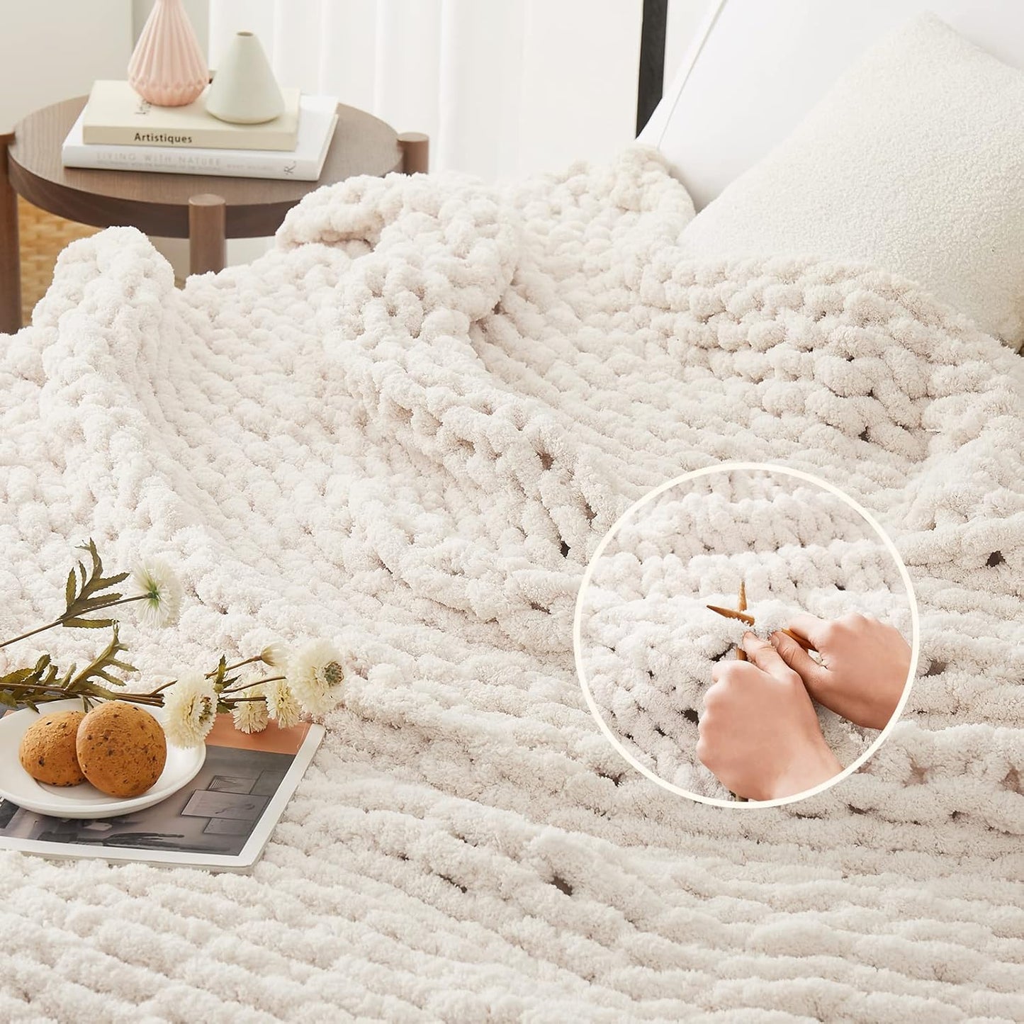 L'AGRATY Chunky Knit Blanket - Soft Chenille Yarn Throws 40x50: Handmade Thick Cable Crochet Blanket - Large Chunky Yarn Rope Knot Throw for Couch, Sofa, Bed Home Decor