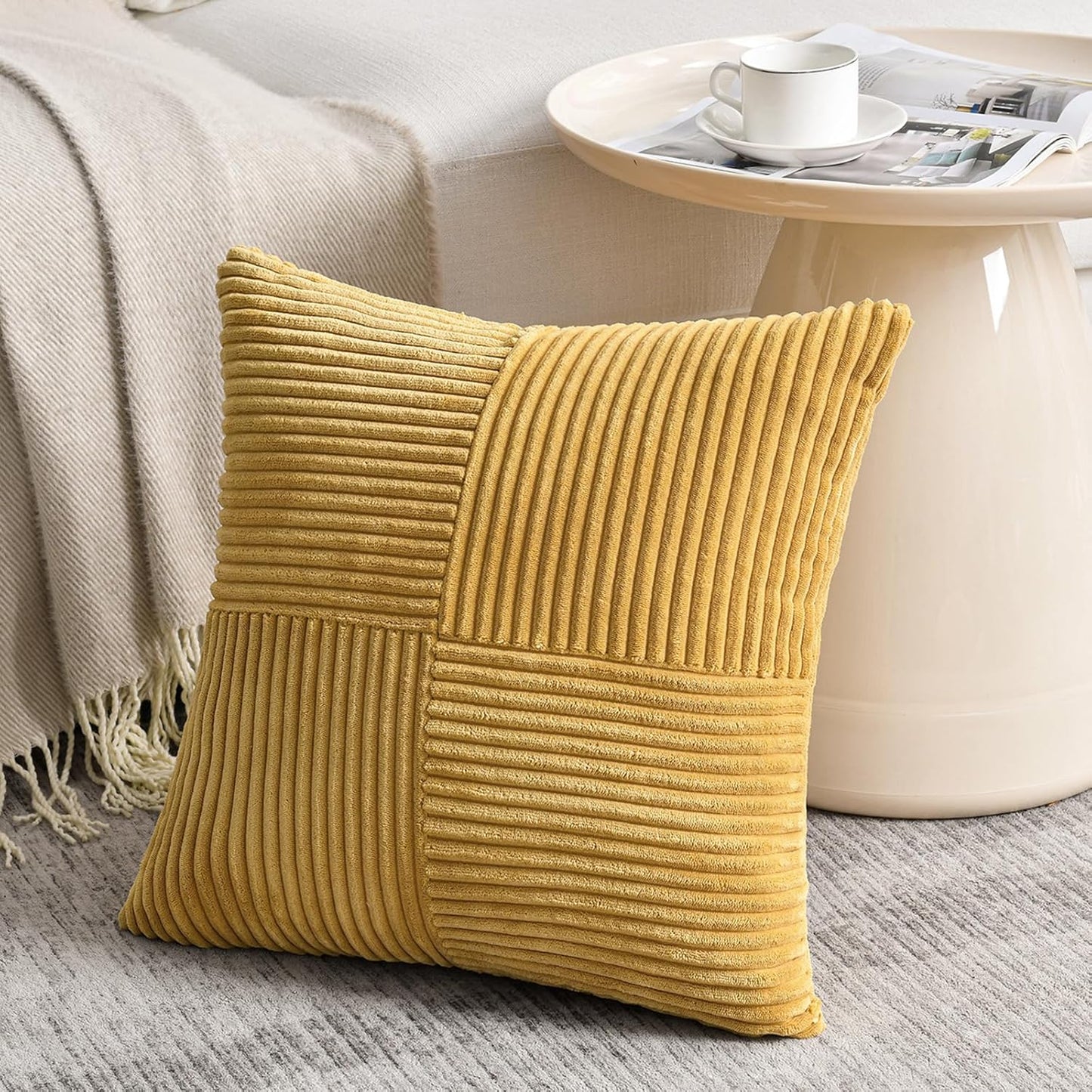 Fancy Homi 2 Packs Mustard Yellow Samll Decorative Throw Pillow Covers 12x12 Inch with for Couch Bed Sofa, Rustic Farmhouse Boho Home Decor, Soft Corss Patchwork Corduroy Square Cushion Case 30x30 cm
