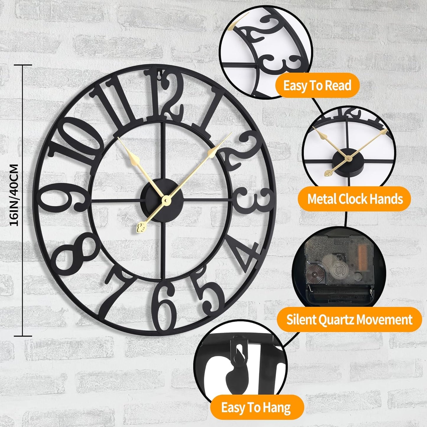 LEIKE Large Wall Clock, 16" Silent Non-Ticking, Battery Operated, Oversized, Decorative Retro Black Metal Clock for Living Room,Farmhouse, Dinner Room,Indoor, Outdoor Decor(40cm, Black Arabic Number)