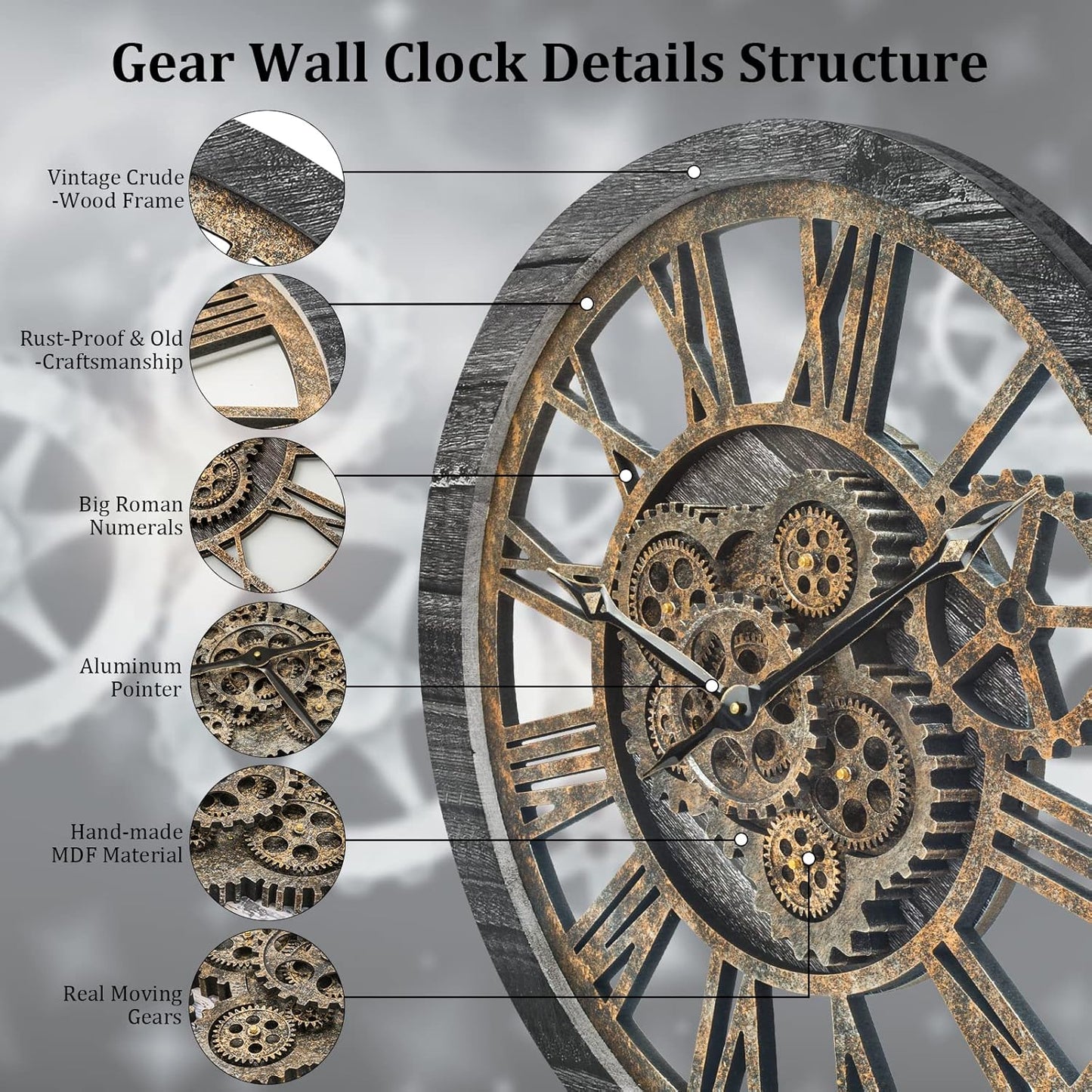 HOIBAI Large Wall Clock, Wall Clocks for Living Room Decor 20 Inch Farmhouse Vintage Rustic Kitchen Wall Decor Vintage Roman Oversized Wall Clock for Home Bedroom House Office, Moving Gears Clock