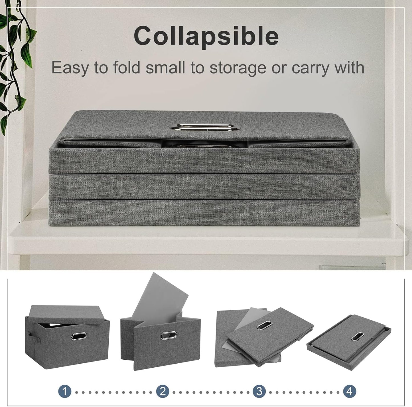 Medium 15" 21 Quart Collapsible Stackable Storage Bins with Lids, 5 Packs Grey Foldable Fabric Closet Boxes Heavy-duty Linen Cube Baskets Container for Bedroom Office (15 x 11 x 8)