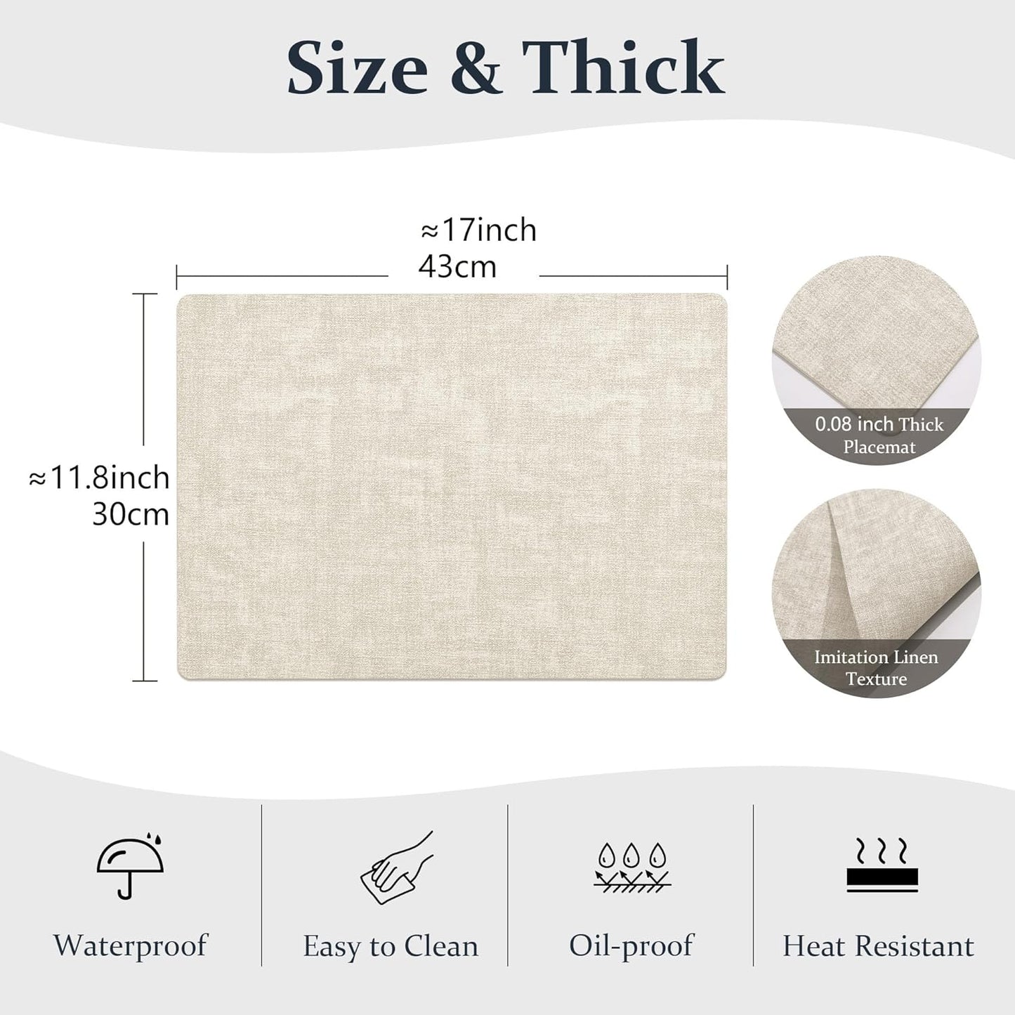 FROMHEART Faux Leather Placemats Set of 12–Waterproof,Heat/Oil Stain-Resistant PU Table Mat–Reversible,Non-Slip,Easy to Clean Place Mats for Kitchen,Dining,Indoor/Outdoor,(Beige,11.8" x 17")