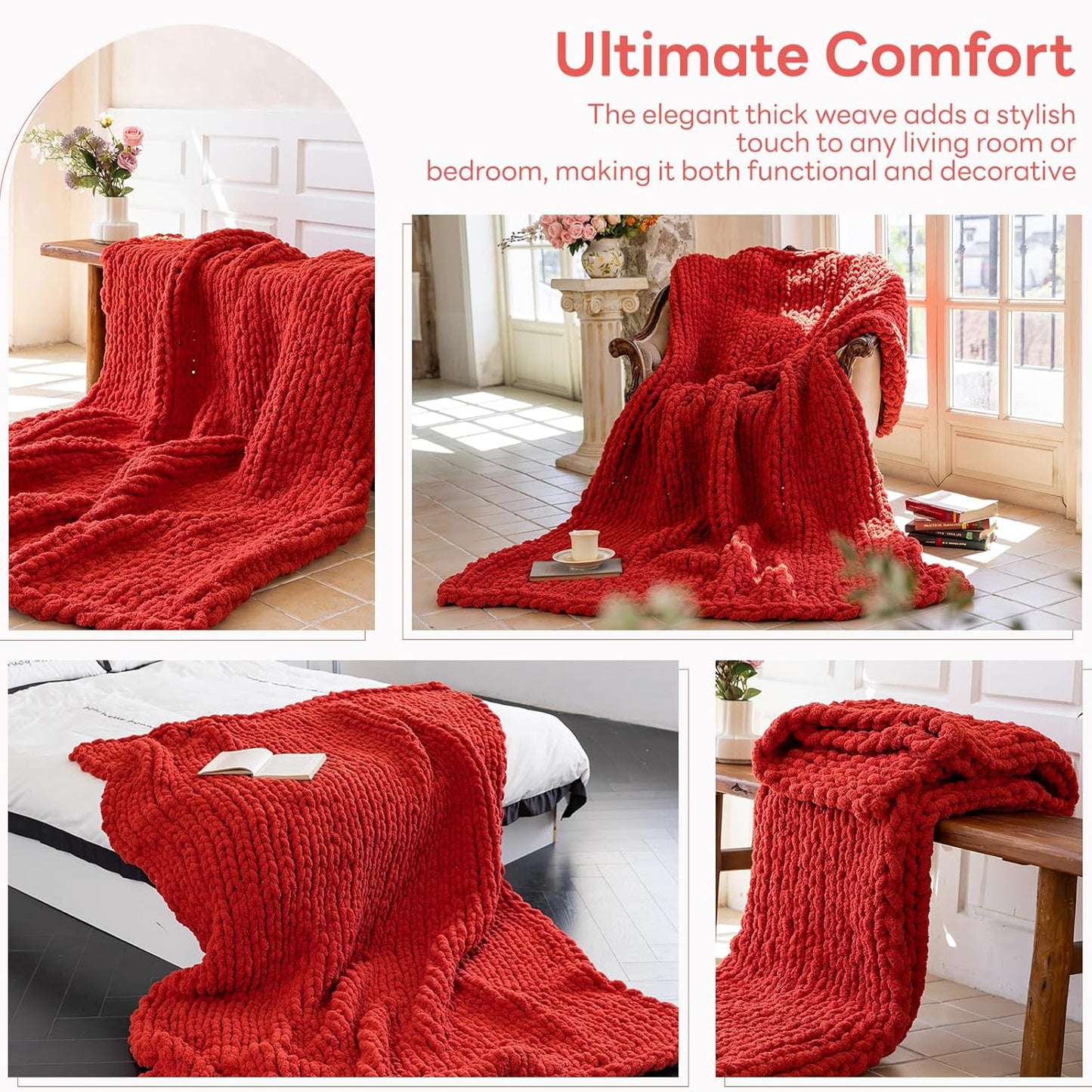 Chunky Knit Blanket - Luxury Soft Cozy Queen Size(50 * 60) Throw Blanket,100% Woven Blanket Rope Knot Throw Blanket for Couch, Sofa, Home Decor, Gift - Machine Washable（Wine red）