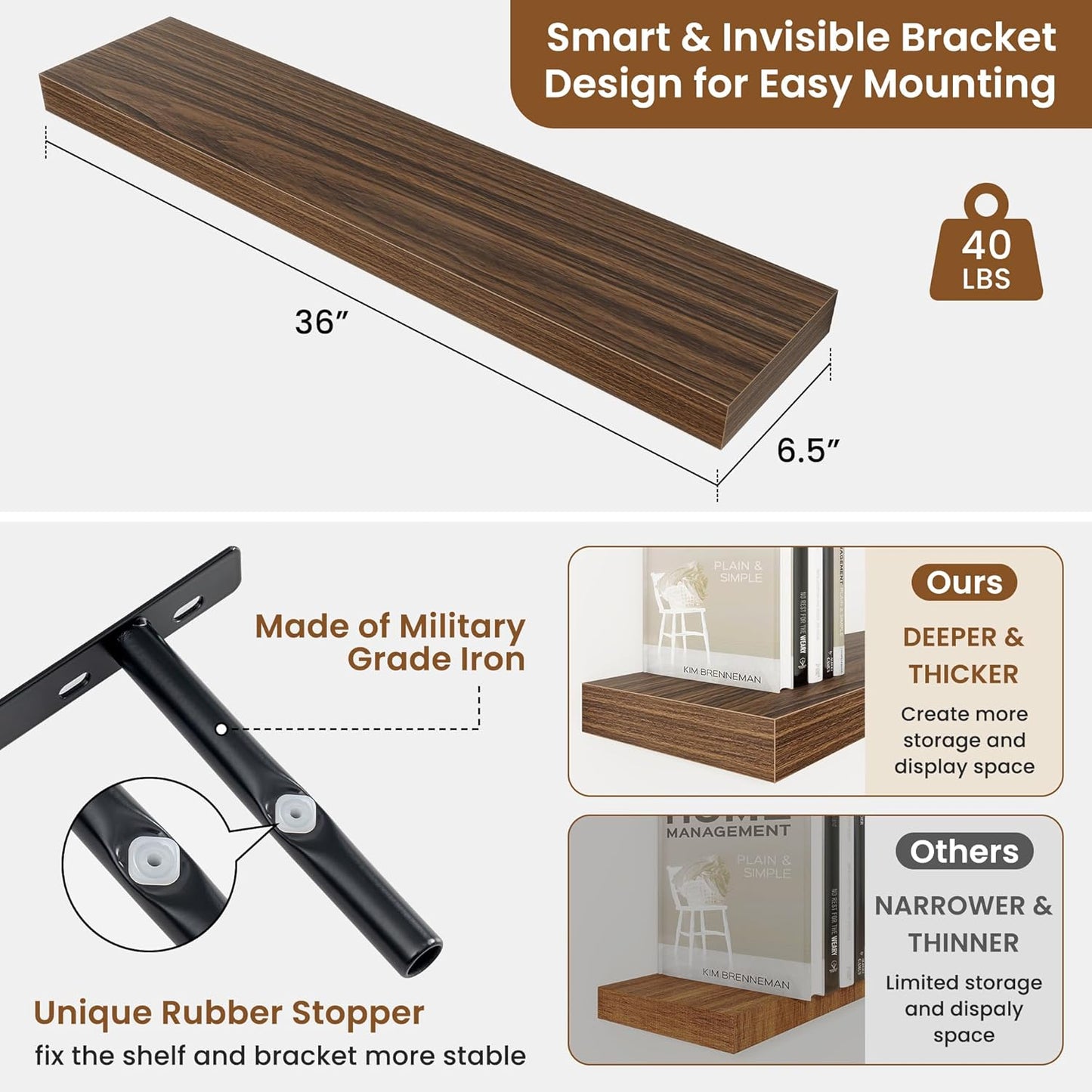 fuqing Floating Shelves for Wall, Bathroom Shelf Wall Mounted for Storage, Shelves with Invisible Bracket for Bedroom, Kitchen, Living Room, Farmhouse Small Book Shelf, 36 Inch Set of 2, Walnut