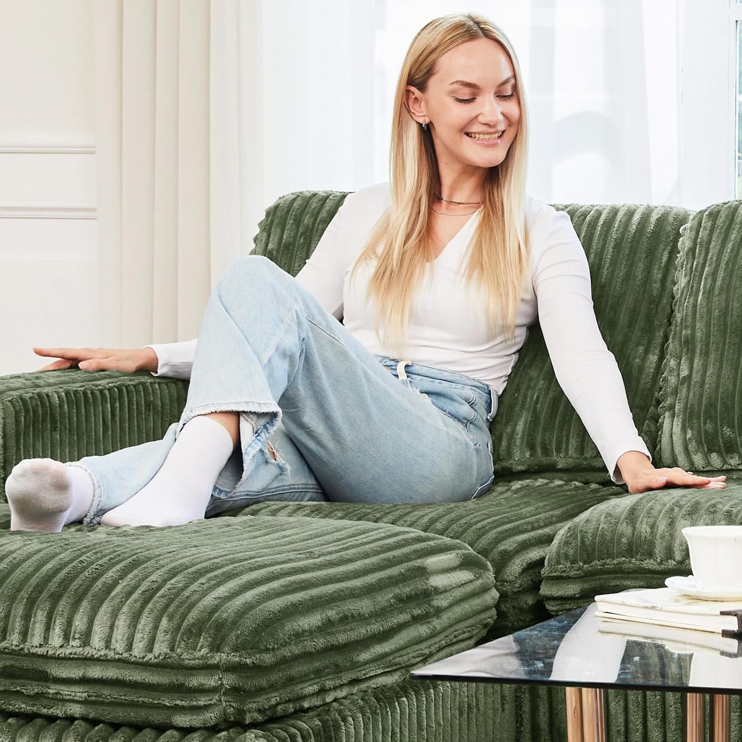 Belffin Modular Sectional Sofa with Storage Ottoman, Oversized Cloud Couch Sectional with Extra Deep Seat, Convertible L Shaped 4 Seater Sectional Couches for Living Room, Plush Corduroy Green