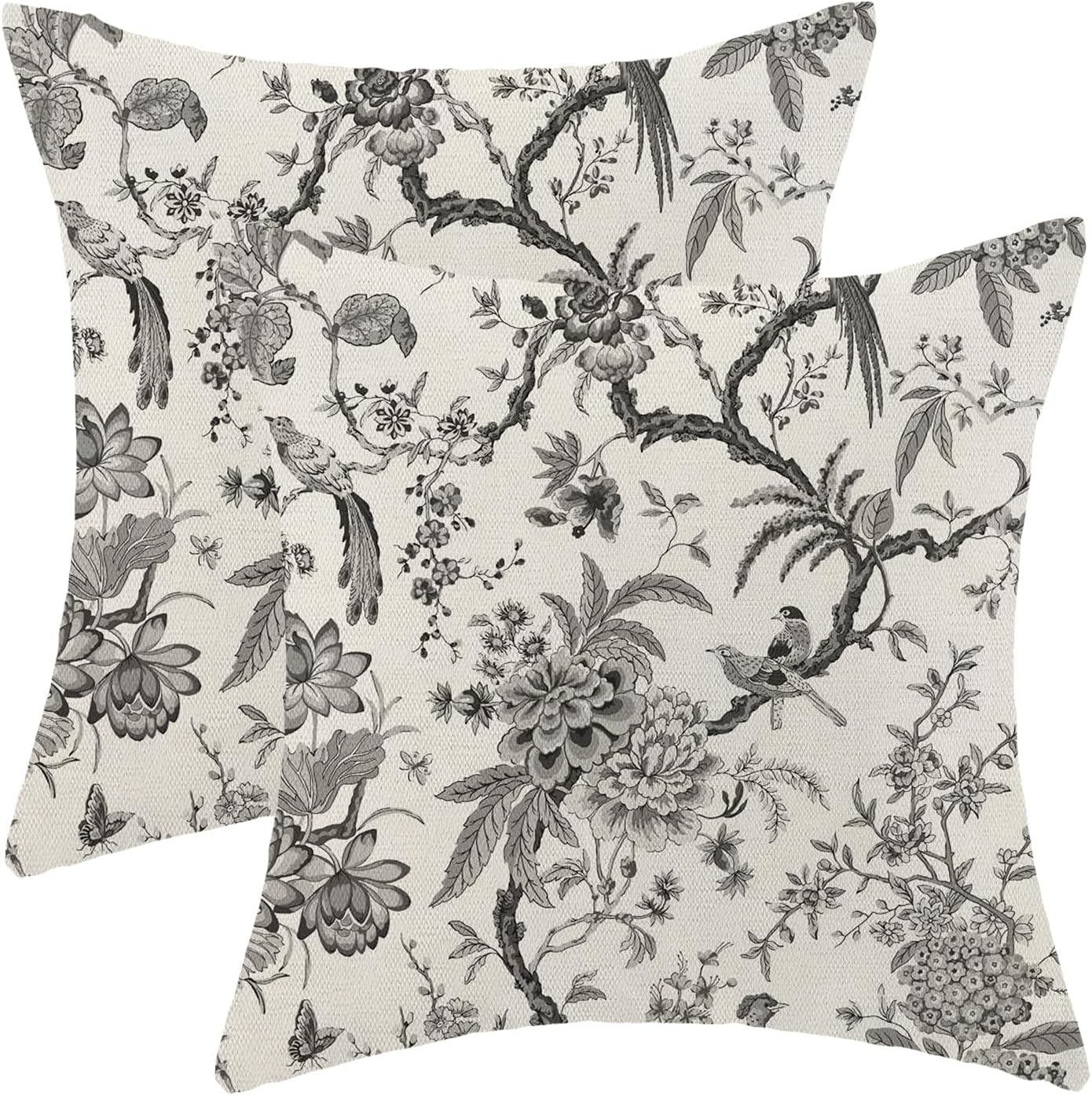 CXMEIFLY Spring Floral Birds Pillow Covers 20 x 20 Inch Set of 2 for Chinoiserie Flowers Decor Throw Pillows Black and White Plant Outdoor Decorative Cushion Cases for Couch Bed Decorations