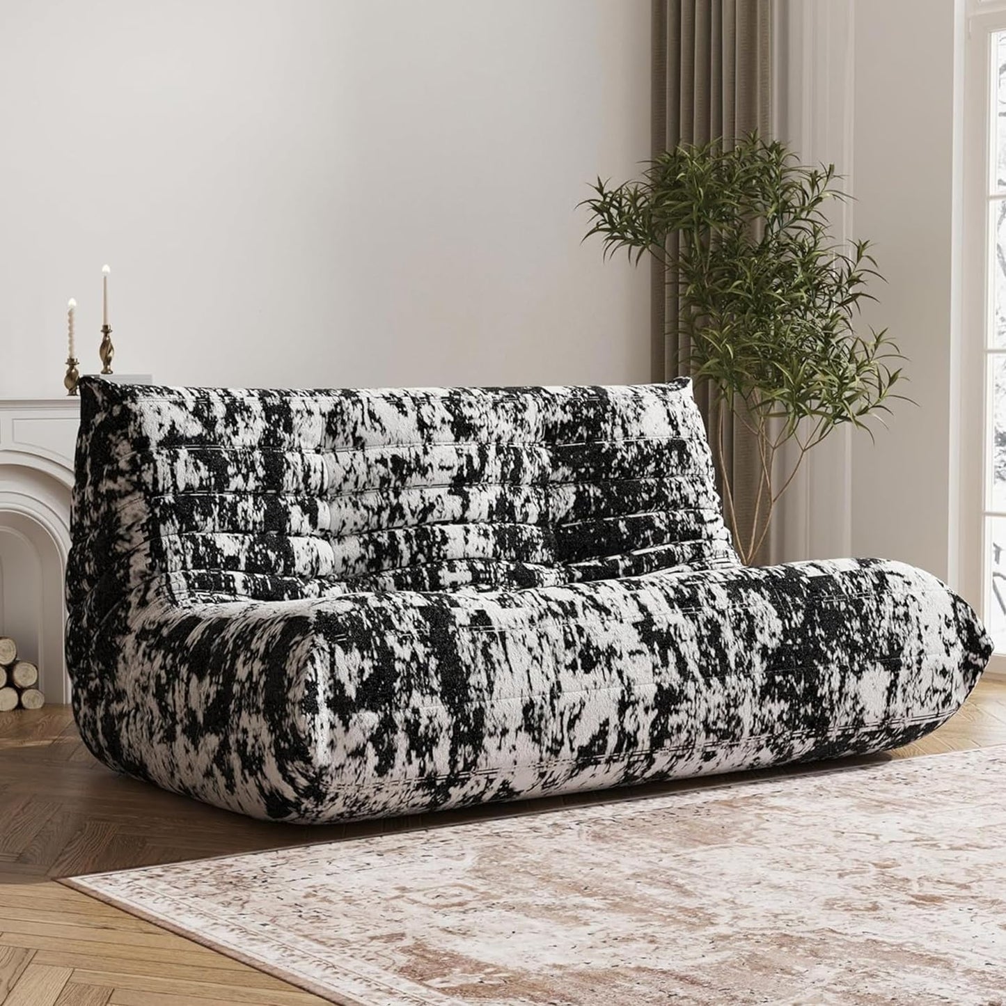 Bean Bag Chair, Loveseat Fireside Chair Bean Bag Sofa Large Bean Bag Chair for Adults, 2 Seater Bean Bag Chairs for Teens with High Density Comfortable Foam, Bean Bag for Living Room (Black Pattern)