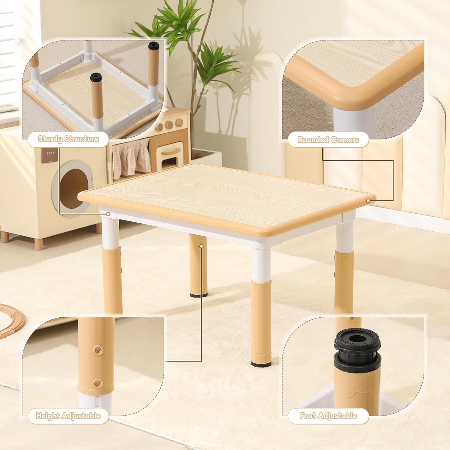 Height-Adjustable Kids Table and Chairs, 31.5''L x 23.6''W Toddler Table and 4 Chairs Set with Anti-Slip Foot Covers, Children Activity Table for Ages 2-10, Graffiti Desktop