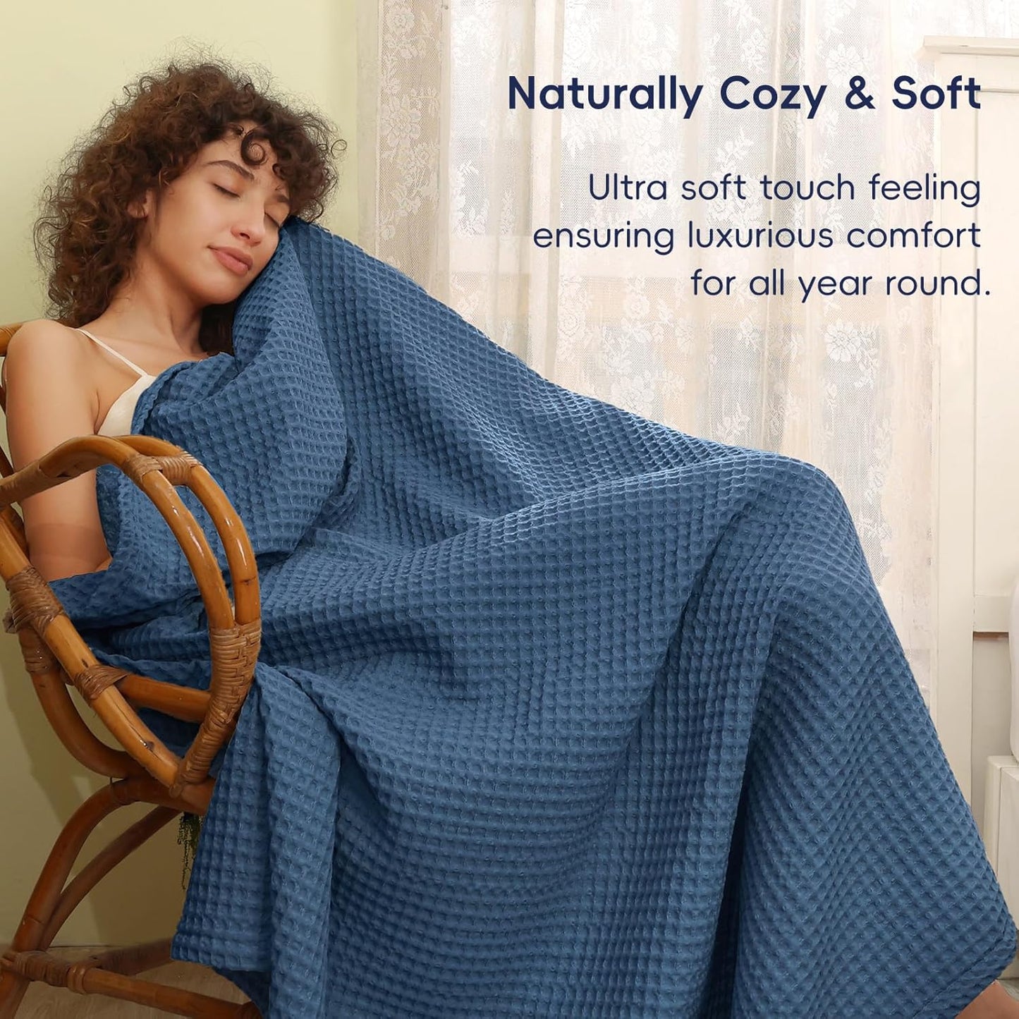PHF Ultra Soft Waffle Weave Throw Blanket 50"x 60"- Washed Lightweight Breathablee Cozy Woven Blanket - Great for Couch Bed Sofa Home Car - Navy Blue