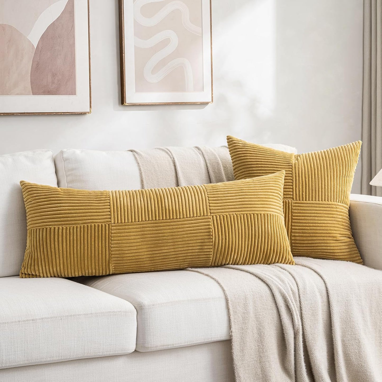 Fancy Homi 2 Packs Mustard Yellow Decorative Throw Pillow Covers 18x18 Inch for Living Room Couch Bed, Farmhouse Boho Home Decor, Soft Corss Corduroy Patchwork Textured Accent Cushion Case 45x45 cm