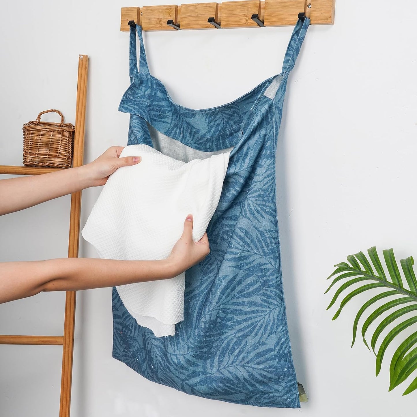 Linen Hanging Laundry Bag, 100% Linen Leaf Print Over The Door Laundry Hamper with Buttons and Zipper, Space Saving Door Hampers for Laundry Dirty Clothes Home Travel, Blue, 19.7x27.5inches
