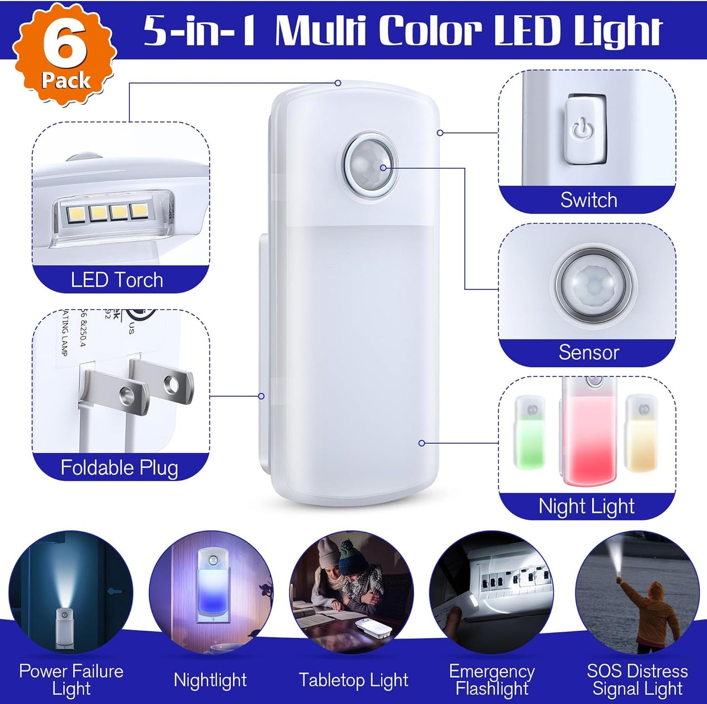 Enhon Emergency Power Failure Night Lights, 5-in-1 Multi Color LED Light, Rechargeable Flashlight with Foldable Plug, Automatic On Off Motion Sensor for Bedrooms, Hallways, Black Outs (6 Pack)