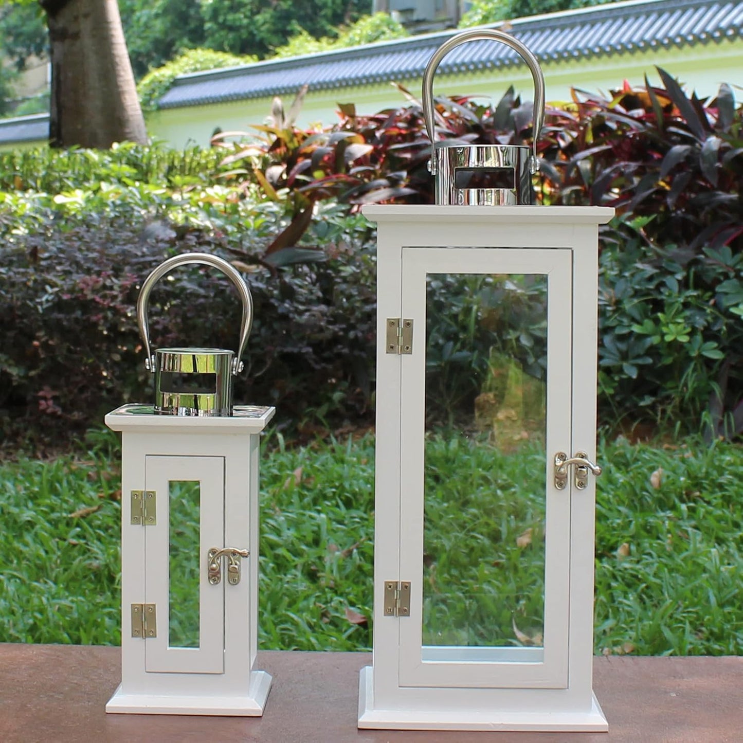 CVHOMEDECO. Decorative Elegant Wood Hurricane Candle Lantern with Stainless Top and Glass Inserts for Home Patio Outdoor Decor. White, Set of 2
