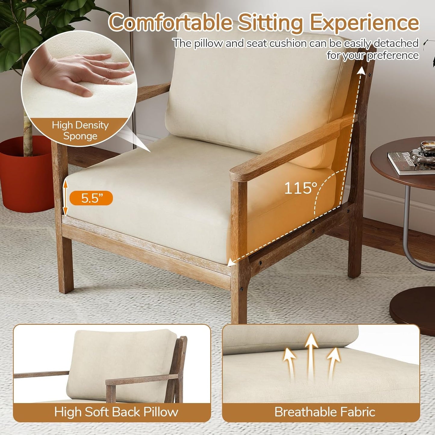 Giantex Mid Century Modern Accent Chair Set of 2, Wooden Arm Chair w/Solid Wood Frame, Removable Seat Cushion & Pillow, Vintage Comfy Reading Chair for Living Room, Bedroom, Study