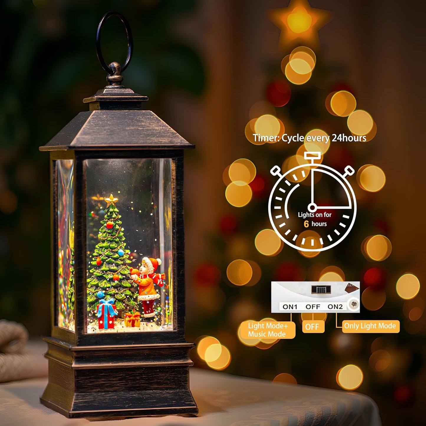 10'' Snow Globe Christmas, Musical Lighted Water Lantern with Swirling Glitter Decoration for Christmas Home, Living Room, Battery Operated or USB Powered (Christmas Tree)