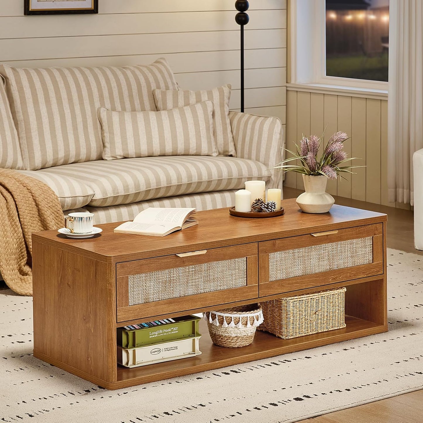 LEYAOYAO Boho Rattan Coffee Table Sets 3 Pieces, Nightstand with Charging Station and Coffee Table with Hidden Storage Compartment, Brown Living Room Table Set, Wood Furniture Sets for Home Office