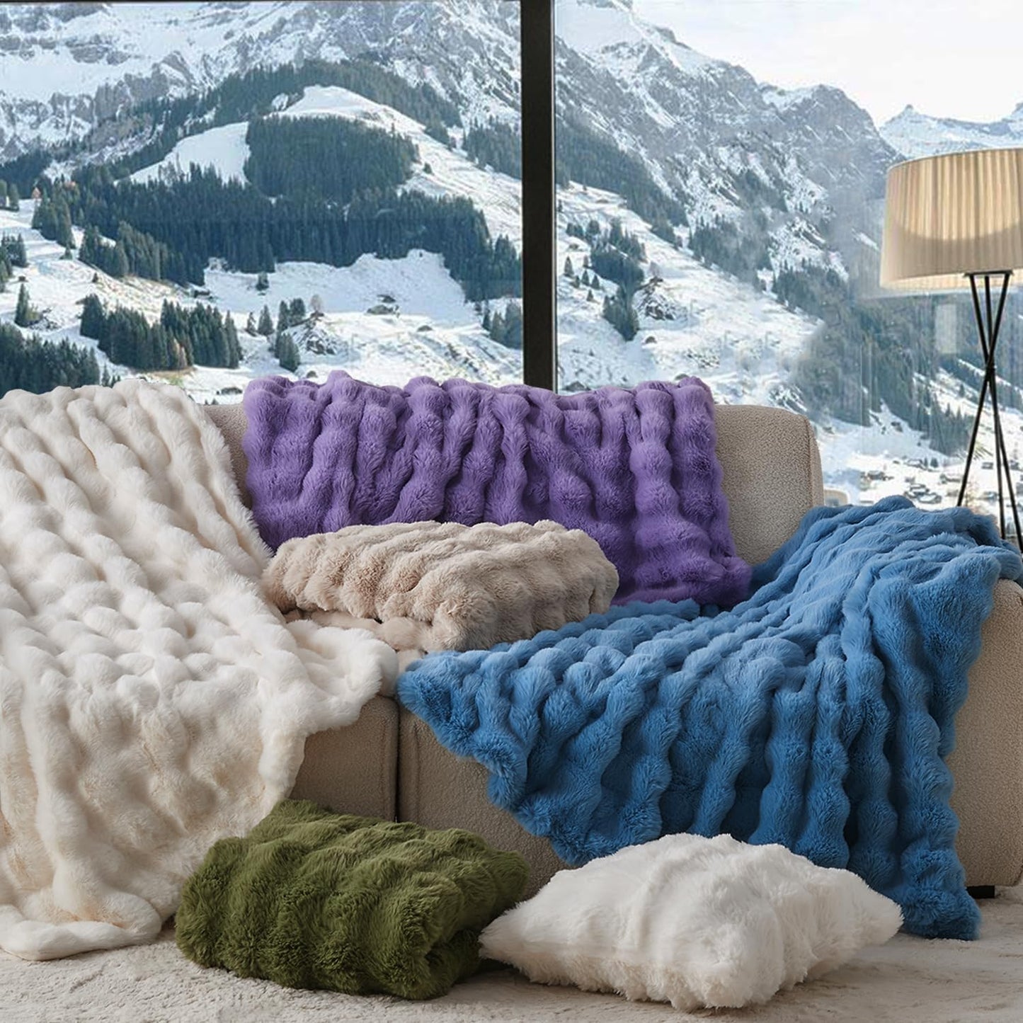 Lotus Karen Faux Fur Blanket Dark Green - Big Bubble Rabbit Fluff King Blankets for The Bed,Softest Fluffy Fuzzy Cozy Blanket,Thick Furry Plush Shaggy Warm Blankets for Women,108x90 Inches