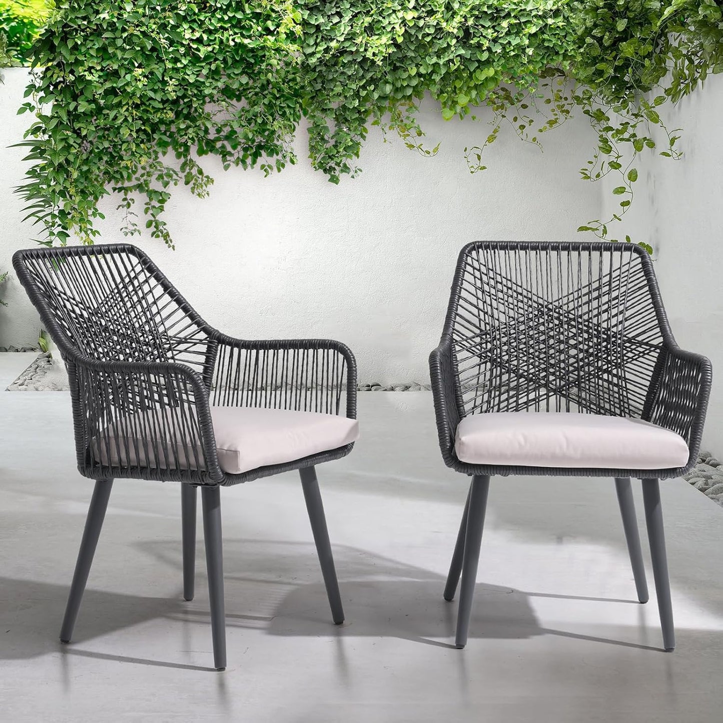 Patiorama Patio Dining Chair Set of 6, Woven Rope Outdoor Dining Chairs w/Steel Frame, All-Weather Twisted Rattan Chairs w/Armrest & Cushion, Outdoor Dining Wicker Chairs for Backyard Garden(Black)