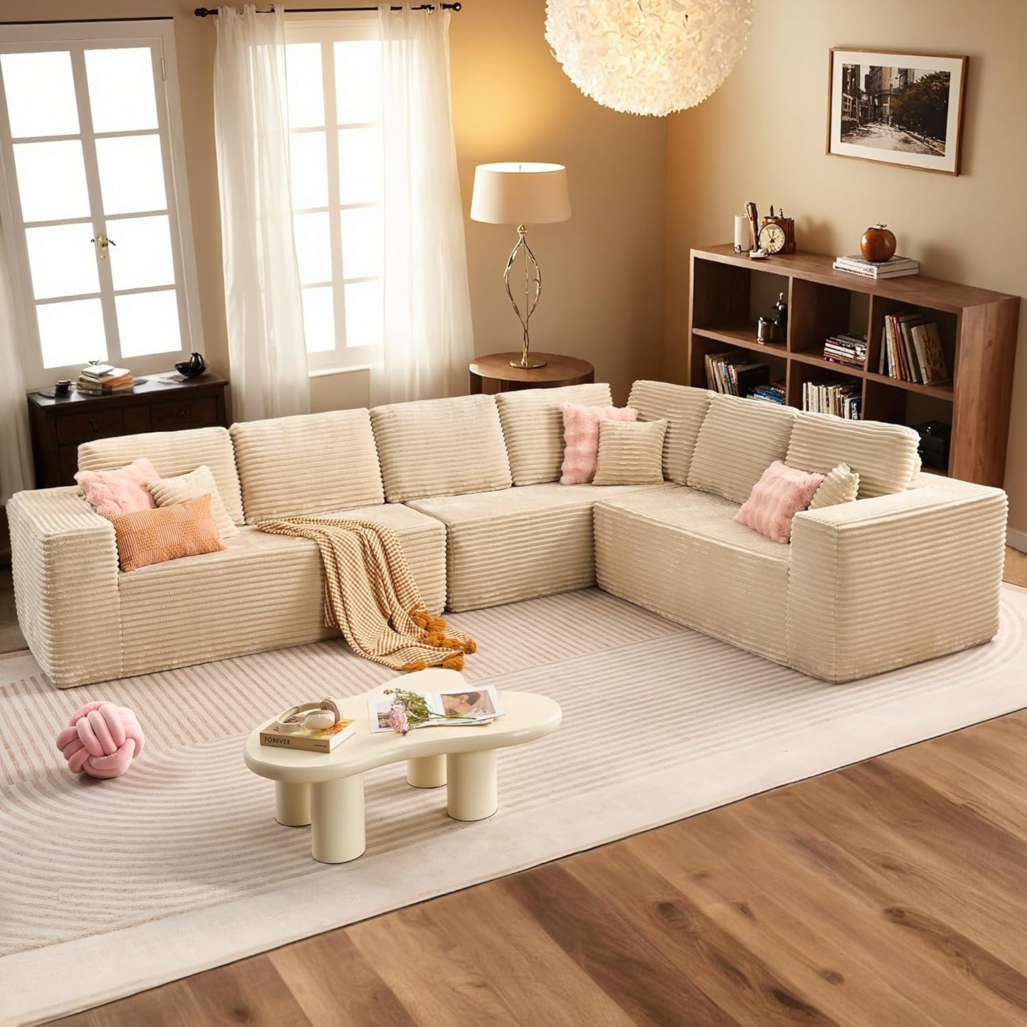 HOOOWOOO Cloud Sectional Couches for Living Room,Modular Sectional Sofa No Assembly,138X108 Inch Plush Corduroy Large L Shaped Floor Couch Set with Deep Seat(Beige)