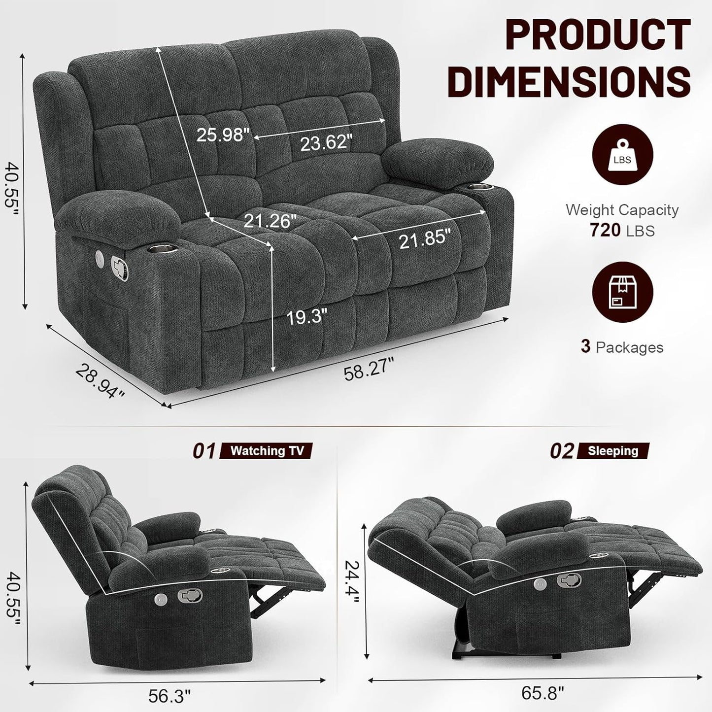 Loveseat Recliner Sofa, 2 Seater Minimalist Style Fabric Manual Pull Tab Reclining Loveseat with USB Charge Ports, Cup Holders, Recliner Love Seat Couches for Living Room, RV, Gray