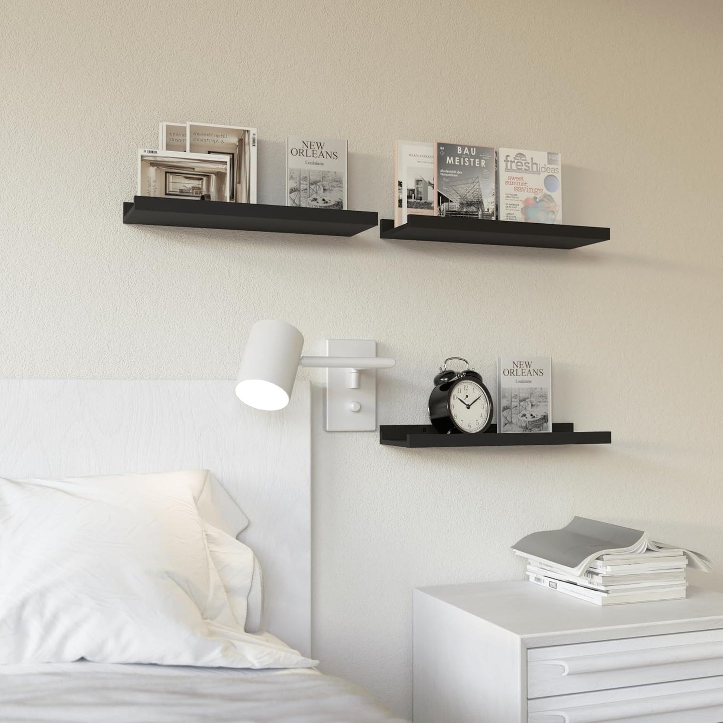 RICHER HOUSE 3 Set Floating Shelves for Wall, Black Wall Mounted Shelves with Lip for Storage, Display Picture Ledge Shelf for Bedroom Bathroom Kitchen Living Room Decor, Modern Black