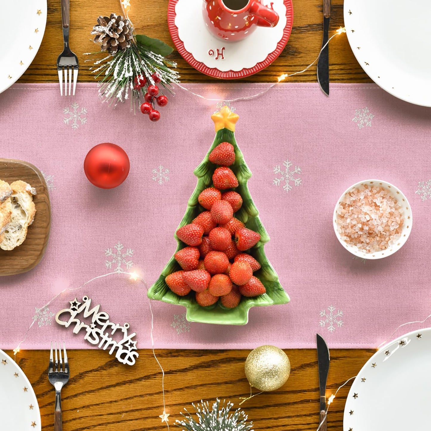 Artoid Mode Xmas Trees Snowflakes Pink Merry Christmas Table Runner, Winter Seasonal Kitchen Dining Table Decoration for Home Party Decor 13x72 Inch