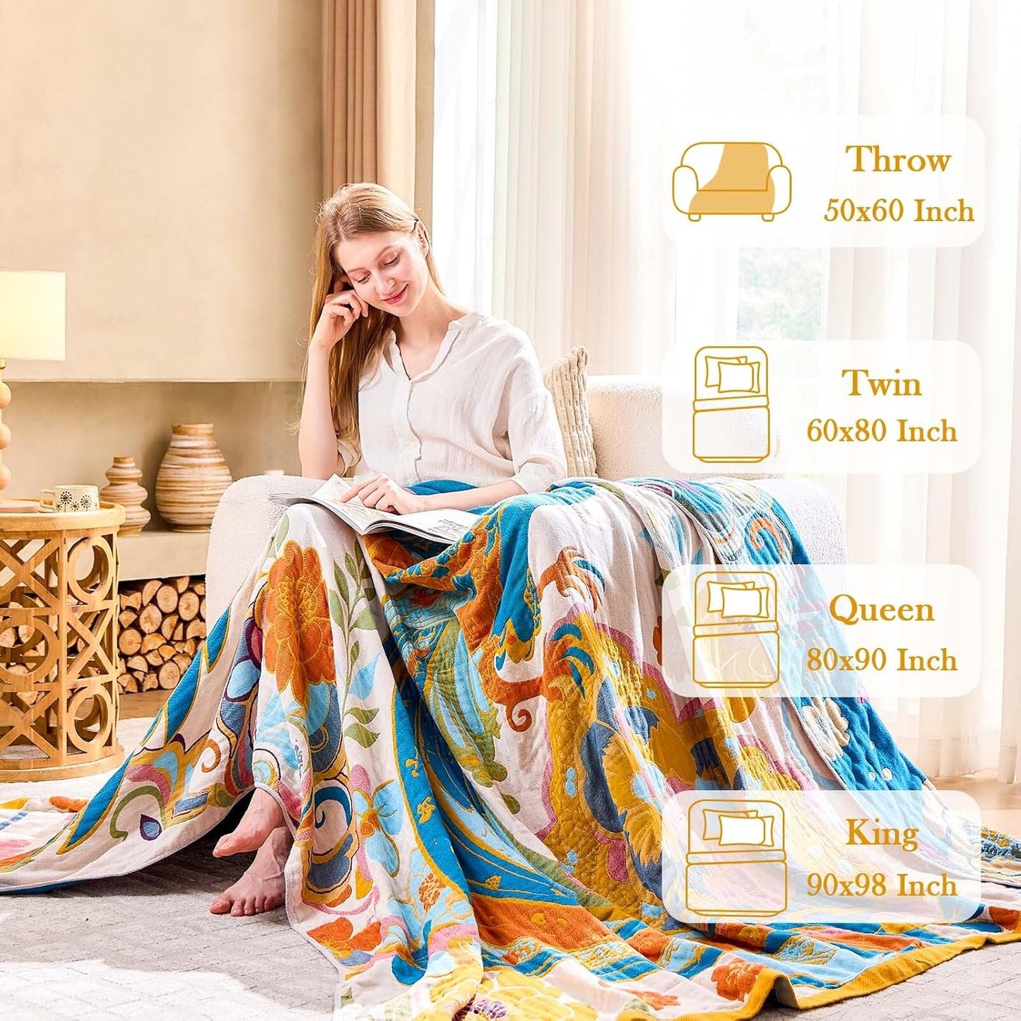 Boho Throw Blanket, Lightweight Blankets for Summer, 100% Cotton Bohemian Decorative Throw Blanket, 80"x90" Reversible Muslin Breathable Woven Farmhouse Blankets Quilt,