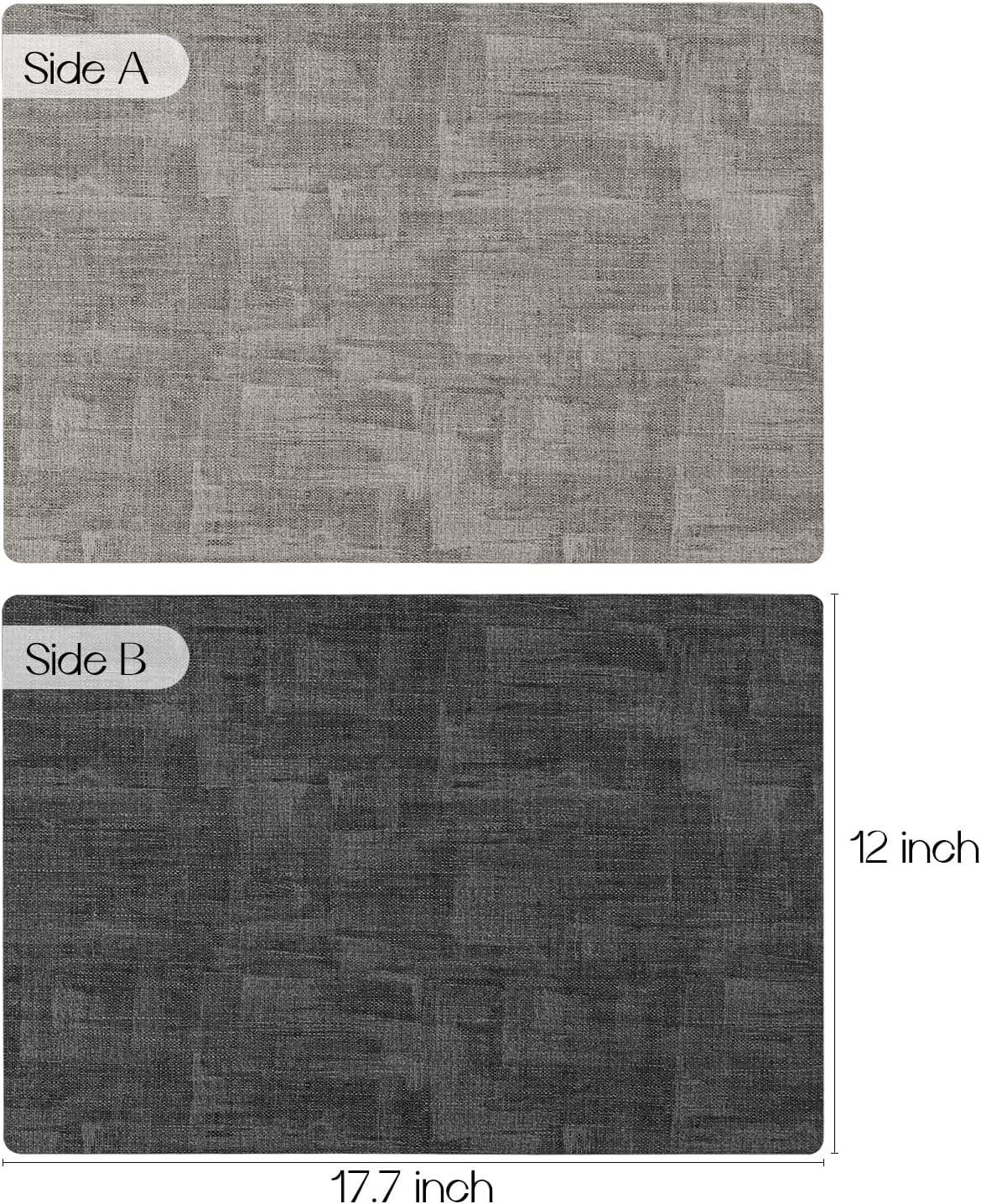 Romanstile Reversible Vinyl Placemats Set of 6, Faux Leather 100% Waterproof Oil-proof Wipeable Place Mats, Heat Resistant Dual Sided Table Mats for Kitchen/Dining/Party (Grey Light Grey, 12 x 17 Inch