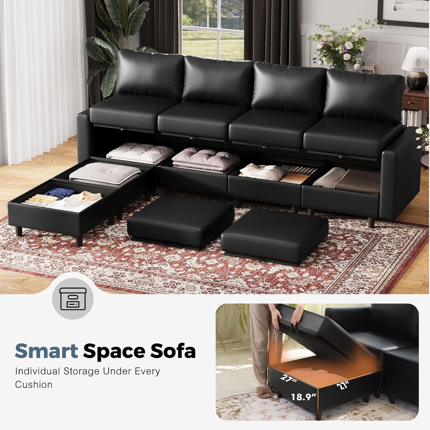 118.5" Luxury Modular Sleeper Sofa Bed with Storage Seat, 8 Seat Sectional Couch Deep Seat with Reversible Chaises & Removable Cover - Black Faux Leather