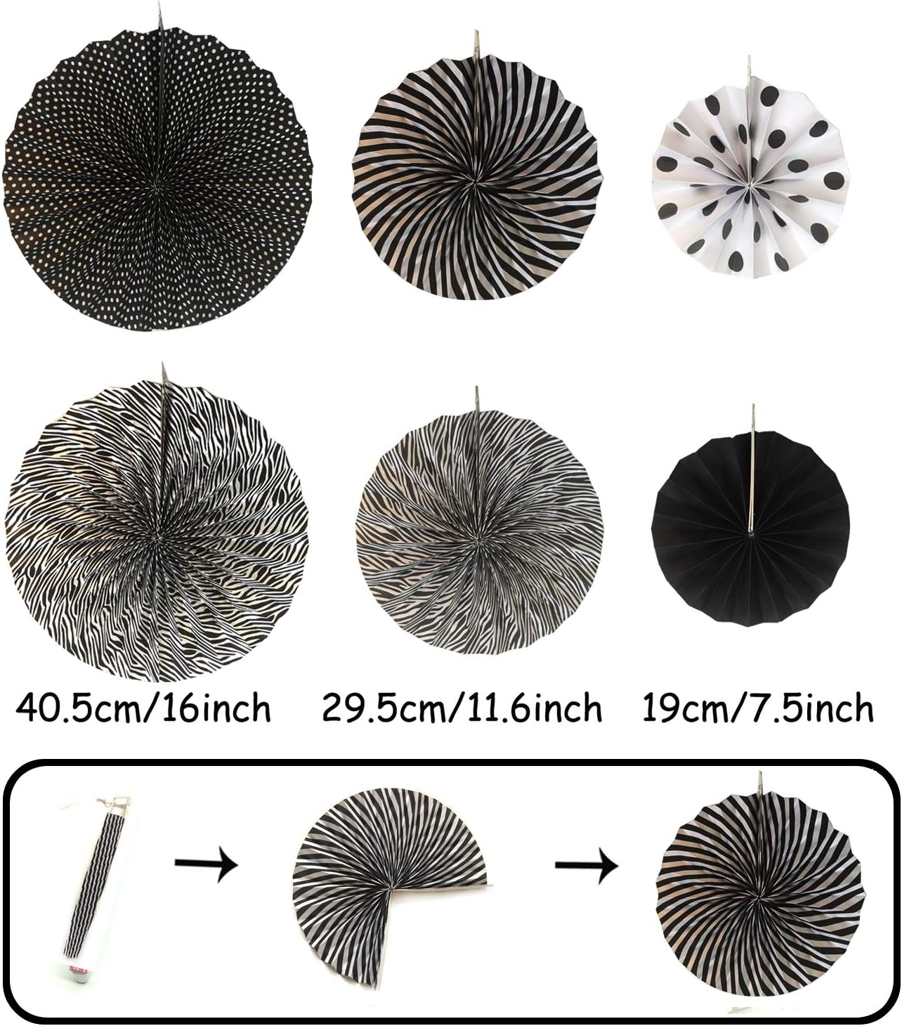 ZERODECO Party Decoration, 21 Pcs Black and Gold Hanging Paper Fans, Pom Poms Flowers, Garlands String Polka Dot and Triangle Bunting Flags for Birthday Parties Wedding Décor, Table & Wall Decorations