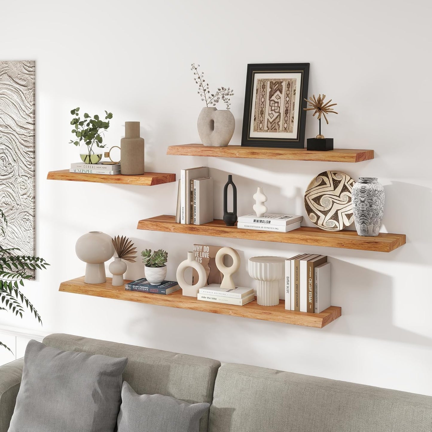 RICHFOCUS Live Edge Elm Floating Shelves - 36" W x 9.3" D Rustic Solid Wood Wall Shelves with Invisible Bracket, Wall-Mounted for Living Room, Bedroom, Kitchen Storage & Display, Set of 2, Natural