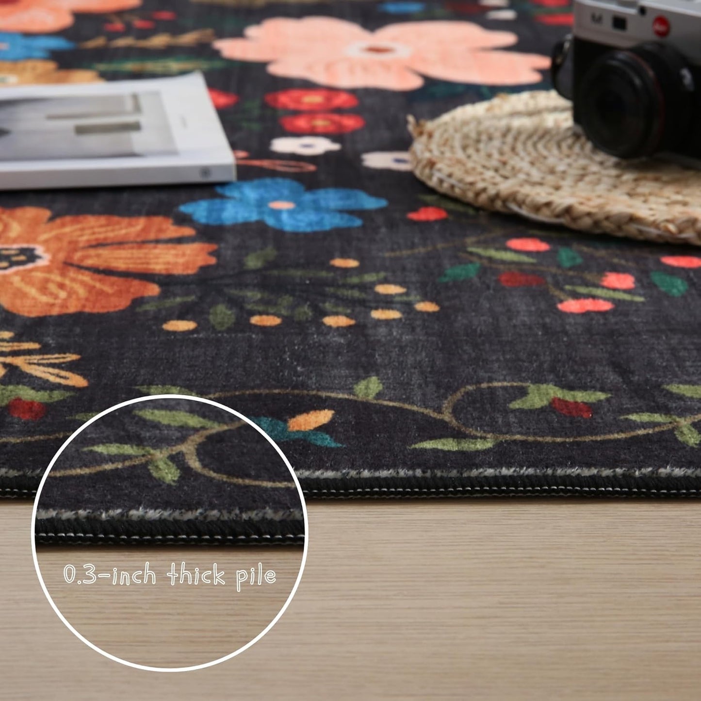 Round Rug 4ft Washable Circle Rug Non Slip Low Pile Boho Floral Small Circular Rug for Bedroom, Bathroom, Entryway, Kids Room, Office, College Dorm(Black)