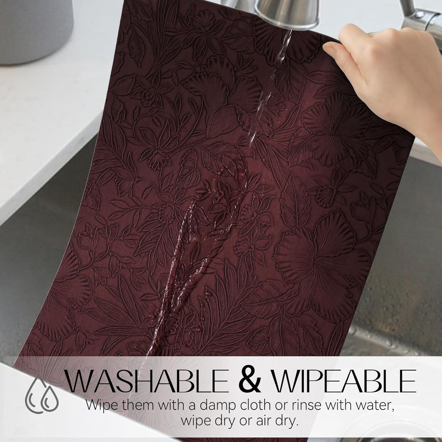 Romanstile Vinyl Placemats Set of 8-12 X 18 Inch - Heat Resistant Non-Slip Embossed Floral Place Mats 100% Waterproof Oilproof Wipeable Faux Leather Table Mats for Kitchen/Dining/Party, Burgundy