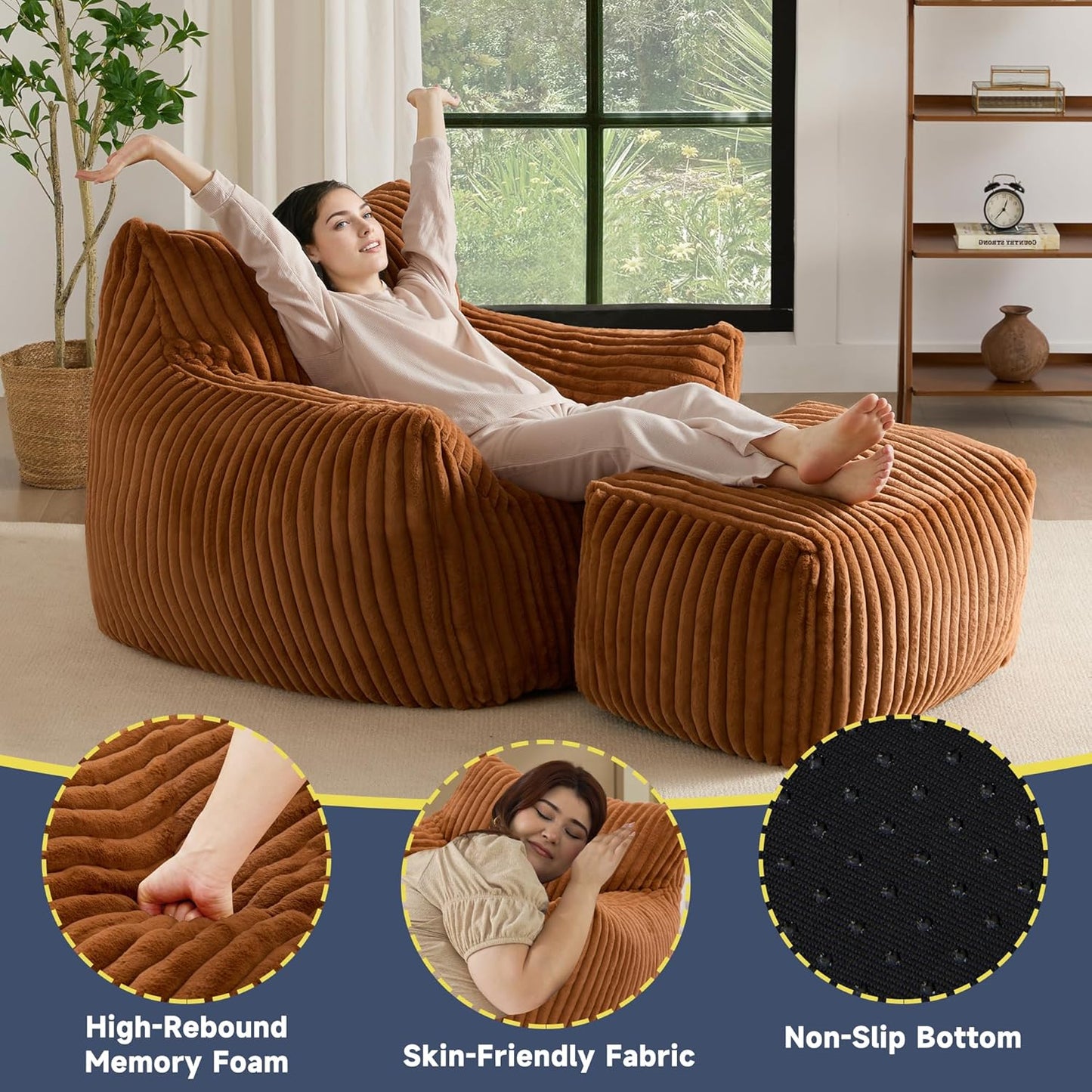 Giant Bean Bag Chairs for Adults, Oversized Chaise Lounge Chair Indoor with Memory Foam - Plush Boneless Lounger & Ottoman for Bedroom, Living Room, Gaming & Reading, Lazy Floor Sofa Chair, Orange