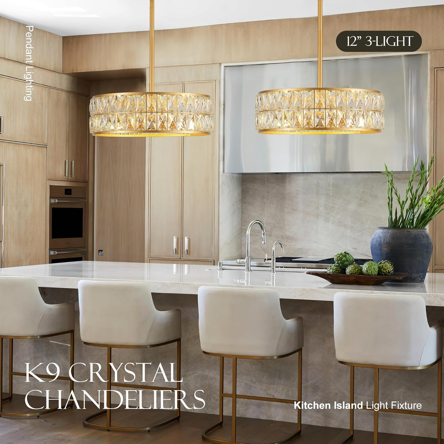 16” 4-Light Modern Crystal Chandeliers Gold Dinning Room Light Fixture, Round Pendant Light Kitchen Island Chandelier, Flush Mount Ceiling Light for Living Room Entryway Bedroom Foyer