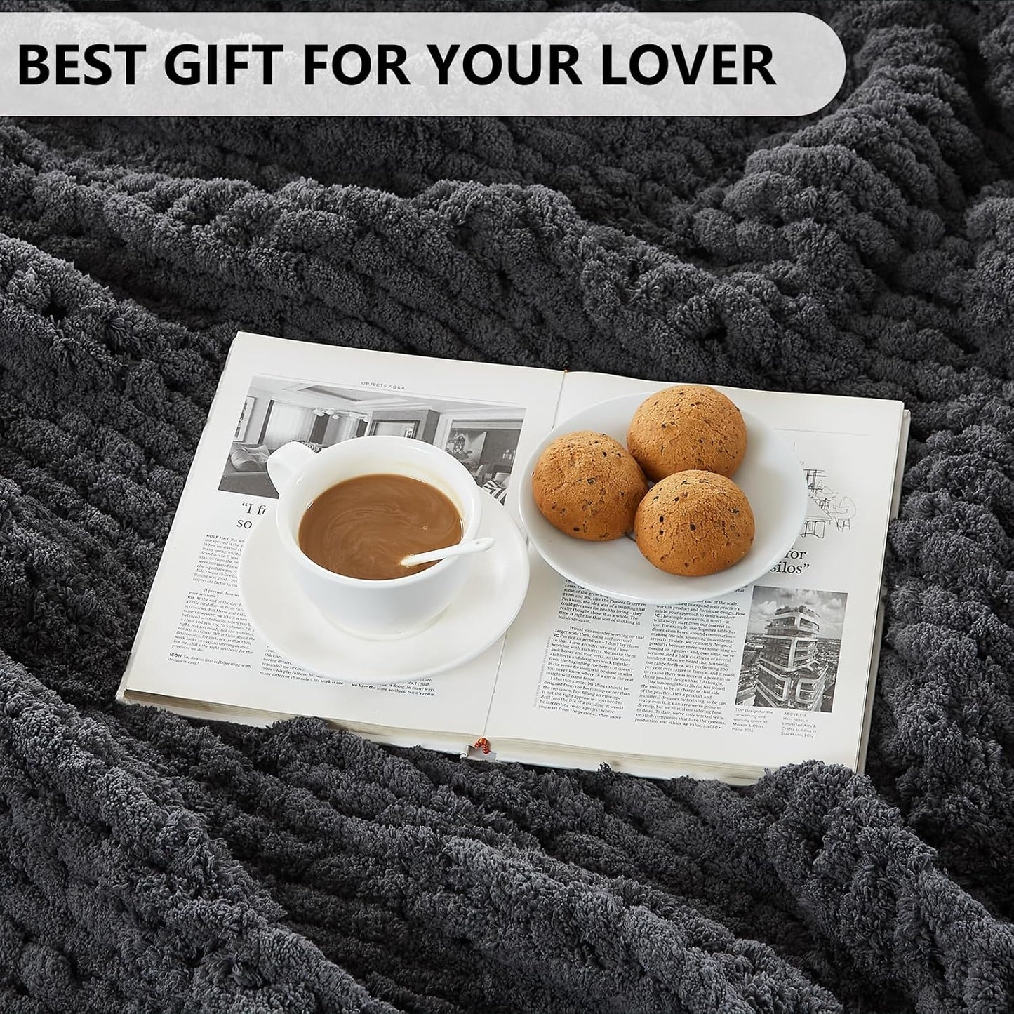 L'AGRATY Chunky Knit Blanket Throw - Soft Chunky Throw Blanket 50x60: 100% Hand Kintted Chenile Crochet Throw Blanket for Couch - Large Cable Knit Chunky Blanket for Home Decor(Dark Grey)