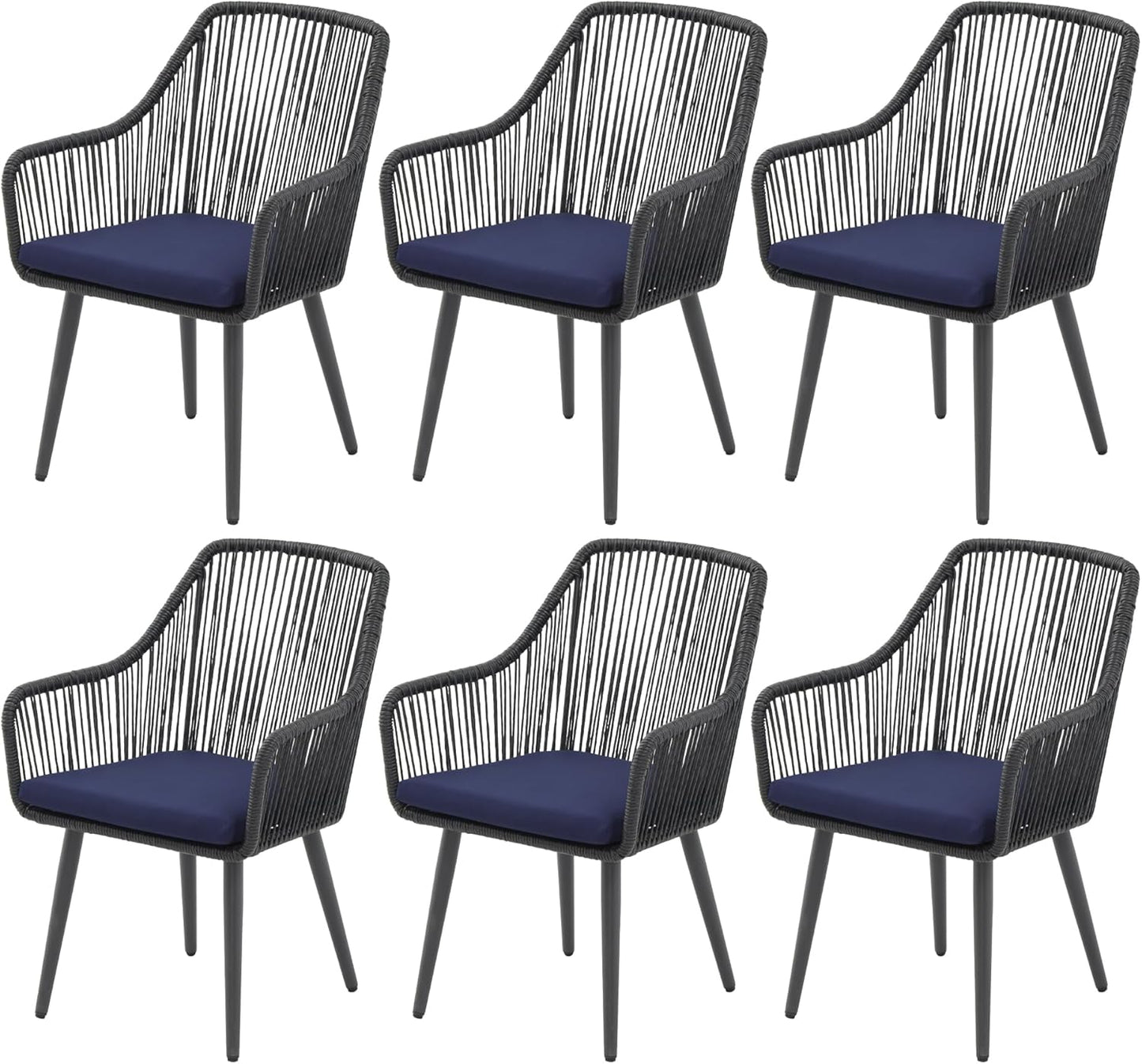 Patiorama Outdoor Dining Chairs, Patio Dining Chair Set of 6, All-Weather Woven Rope Rattan Chairs, Outdoor Dining Wicker Chair with Armrests for Indoor Balcony Pool Backyard(Blue)