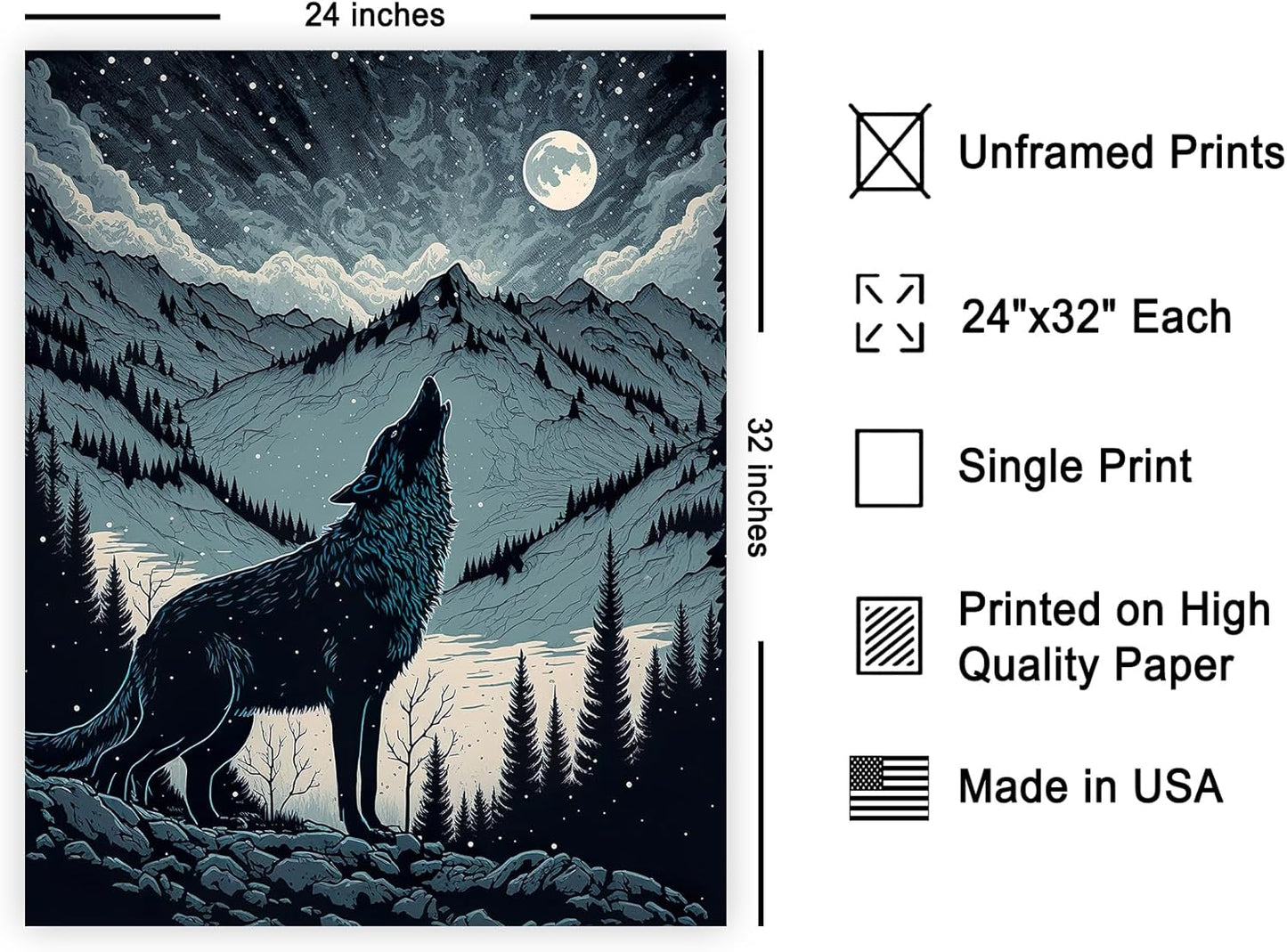 Poster Master Vintage Illustration Poster - Retro Animal Print - Gift for Artist, Friend - Wolf Howling at the Moon, Mountain, Snow, Landscape - Wall Decor for Home, Office, 24x32 Unframed Wall Art