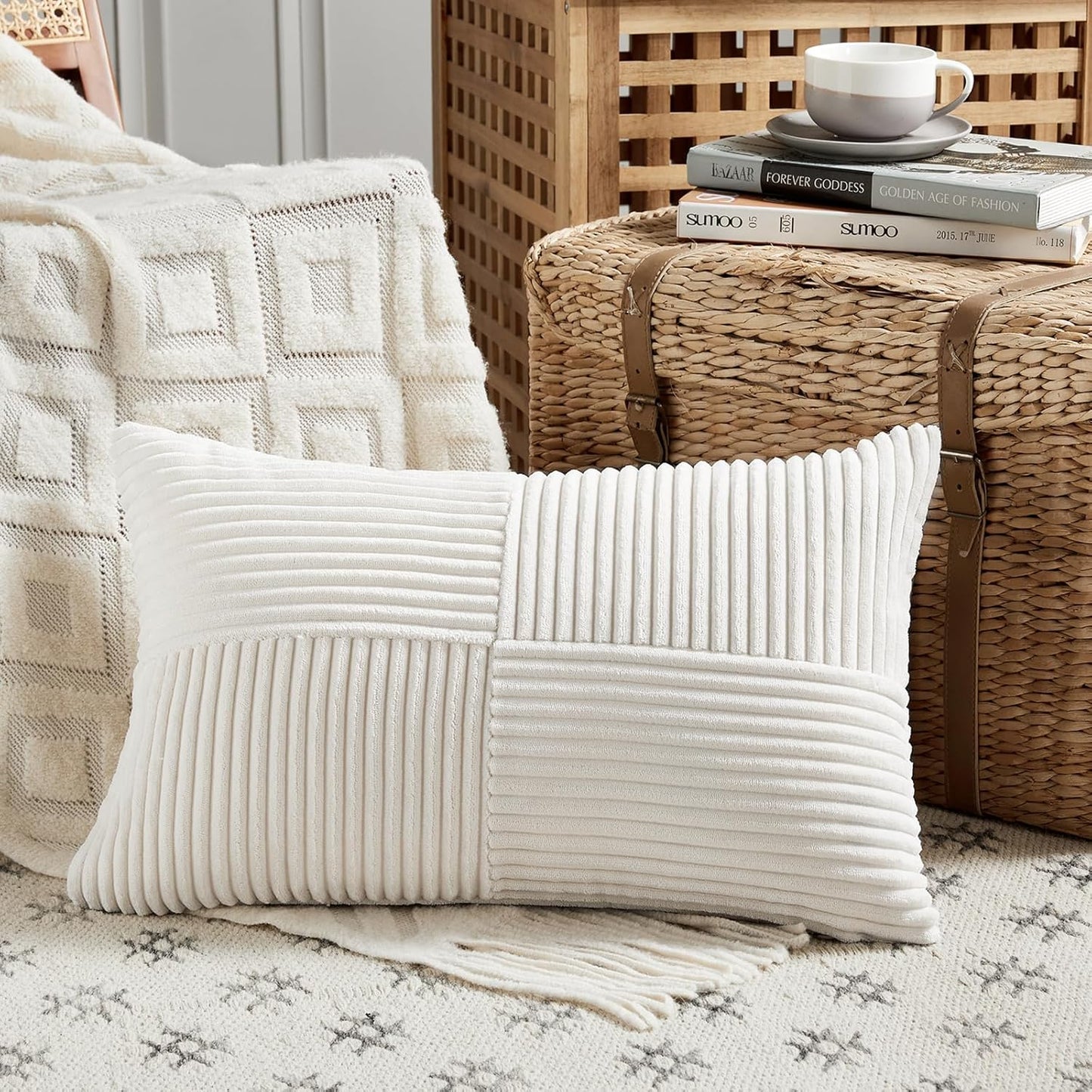 Fancy Homi 2 Packs Cream White Long Lumbar Decorative Throw Pillow Covers 16x24 Inch for Couch Bed Sofa, Rustic Farmhouse Boho Home Decor, Soft Striped Corduroy Rectangle Accent Cushion Case 40x60 cm
